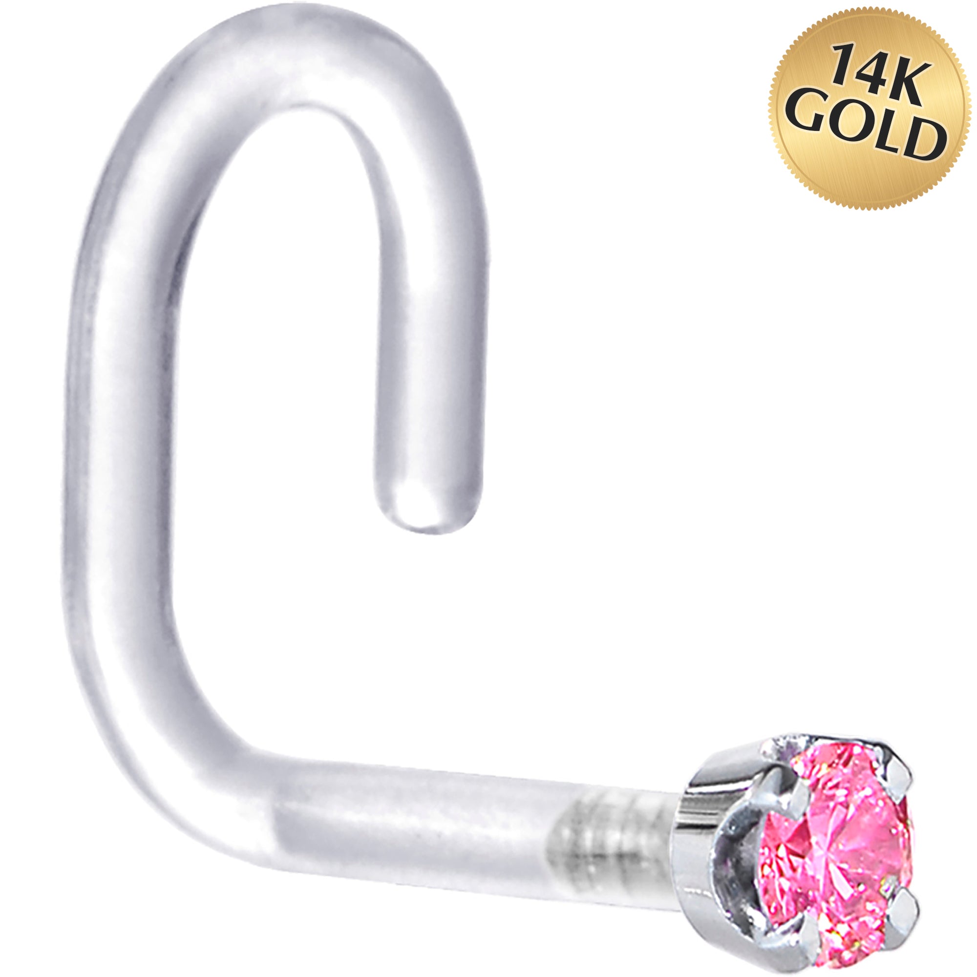 18G 1/4 White Gold 1.5mm Pink Cubic Zirconia Bioplast Nose Ring