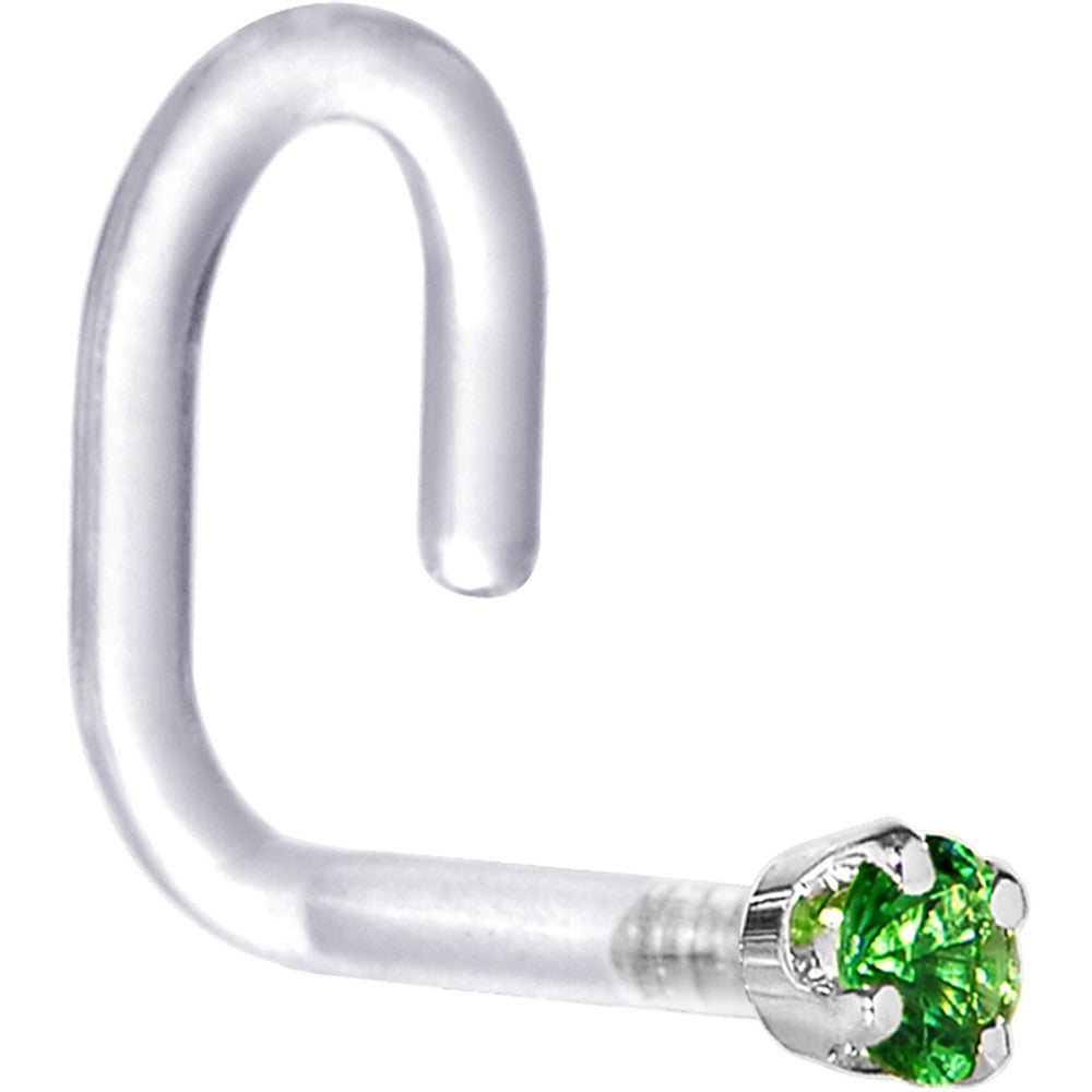 18 Gauge 1/4 White Gold 1.5mm Green Cubic Zirconia Bioplast Nose Ring