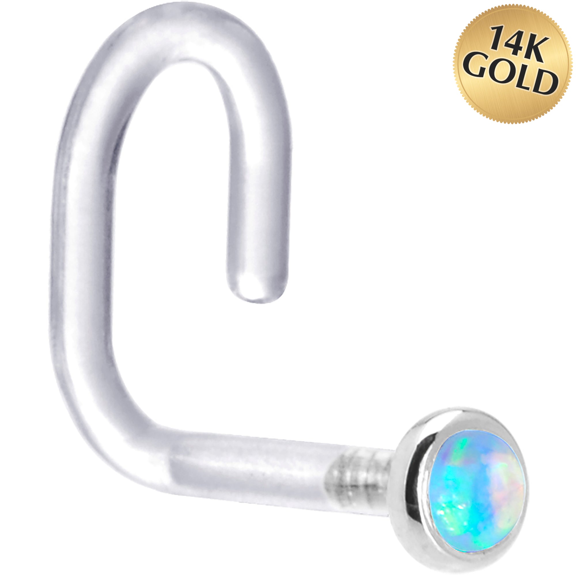 18 Gauge 1/4 White Gold 2mm Light Blue Synthetic Opal Bioplast Nose Ring