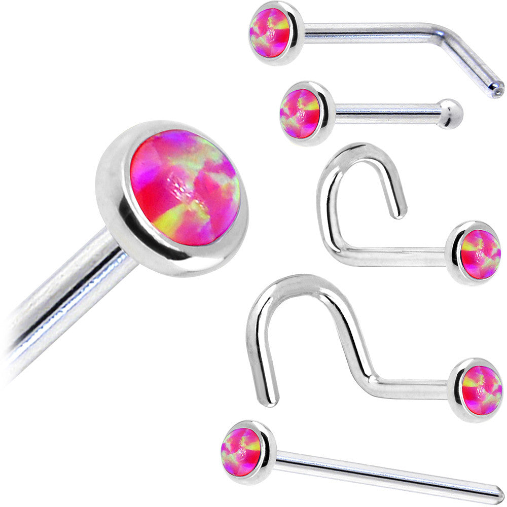Solid 14KT White Gold 2mm Brilliant Pink Synthetic Opal Nose Ring