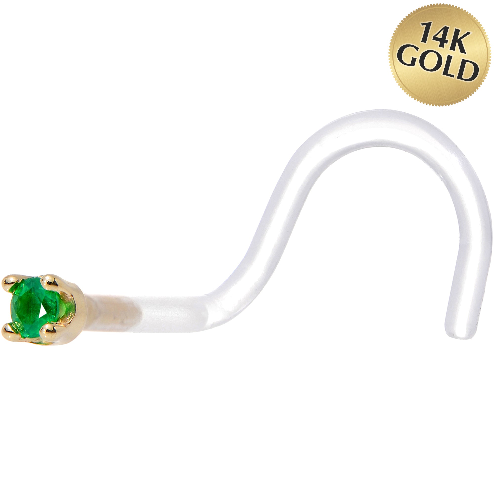 18 Gauge 1/4 Yellow Gold 1.5mm Genuine Emerald Bioplast Nose Ring