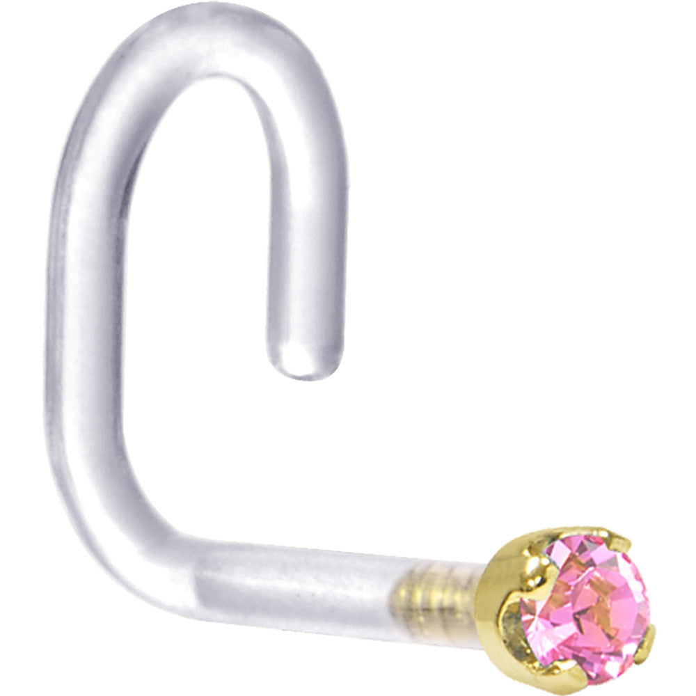 18 Gauge 1/4 Yellow Gold 1.5mm Pink Cubic Zirconia Bioplast Nose Ring