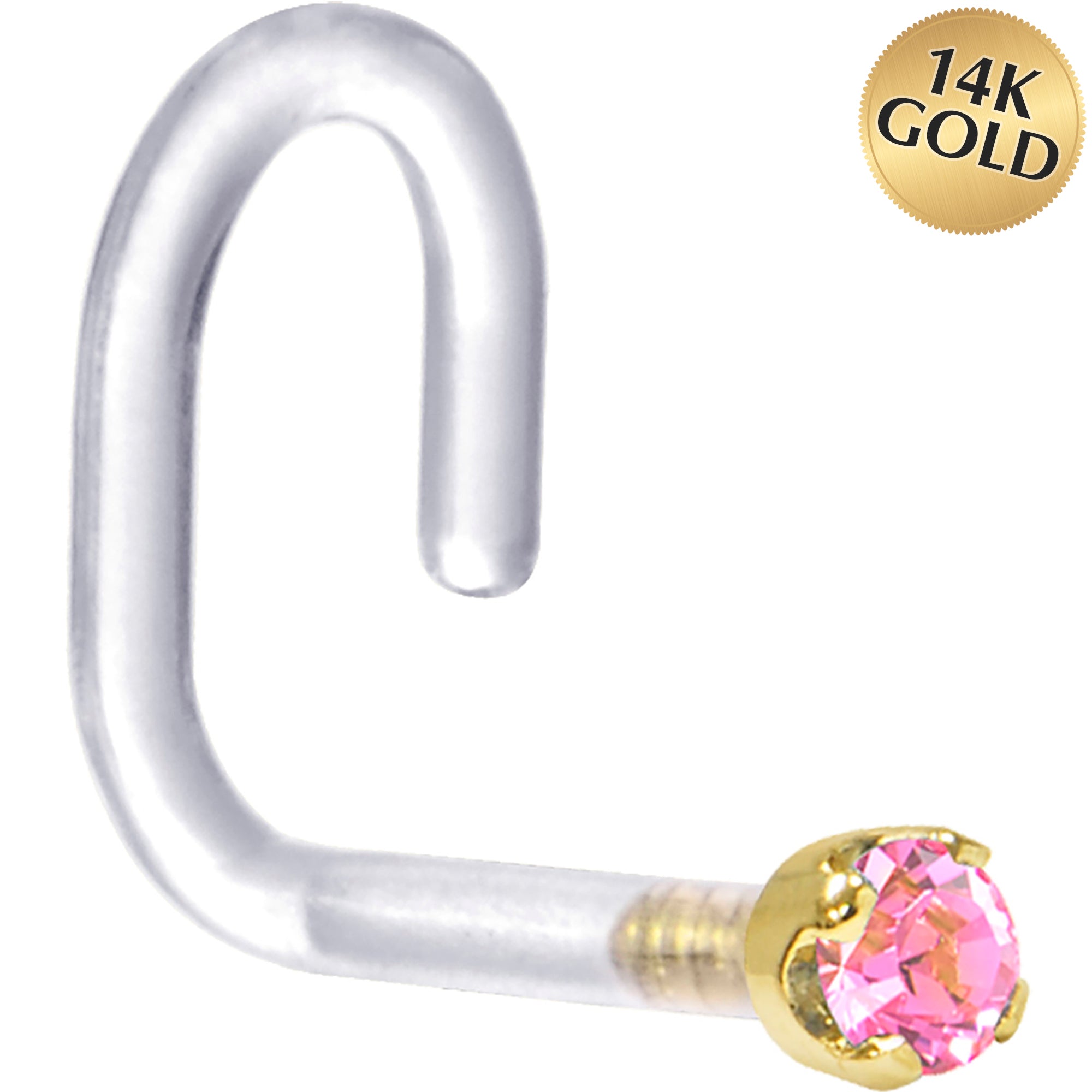 18G 1/4 Yellow Gold 1.5mm Pink Cubic Zirconia Bioplast Nose Ring