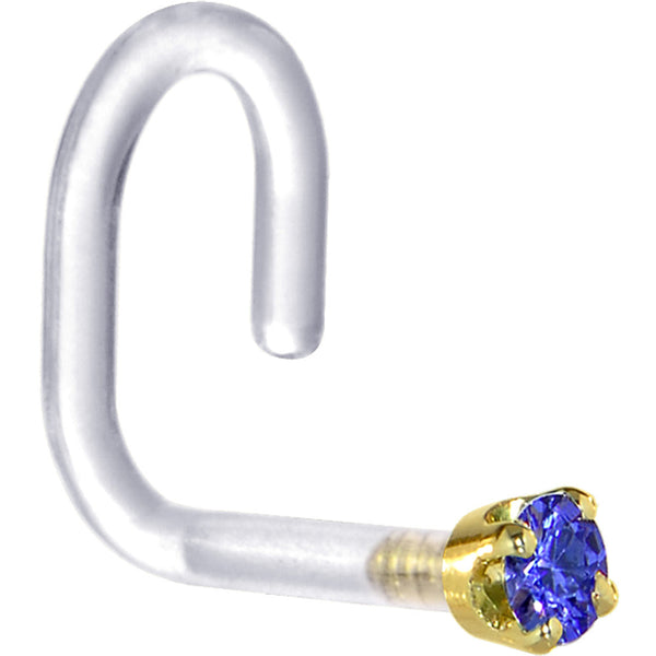 18 Gauge 1/4 Yellow Gold 1.5mm Blue Cubic Zirconia Bioplast Nose Ring