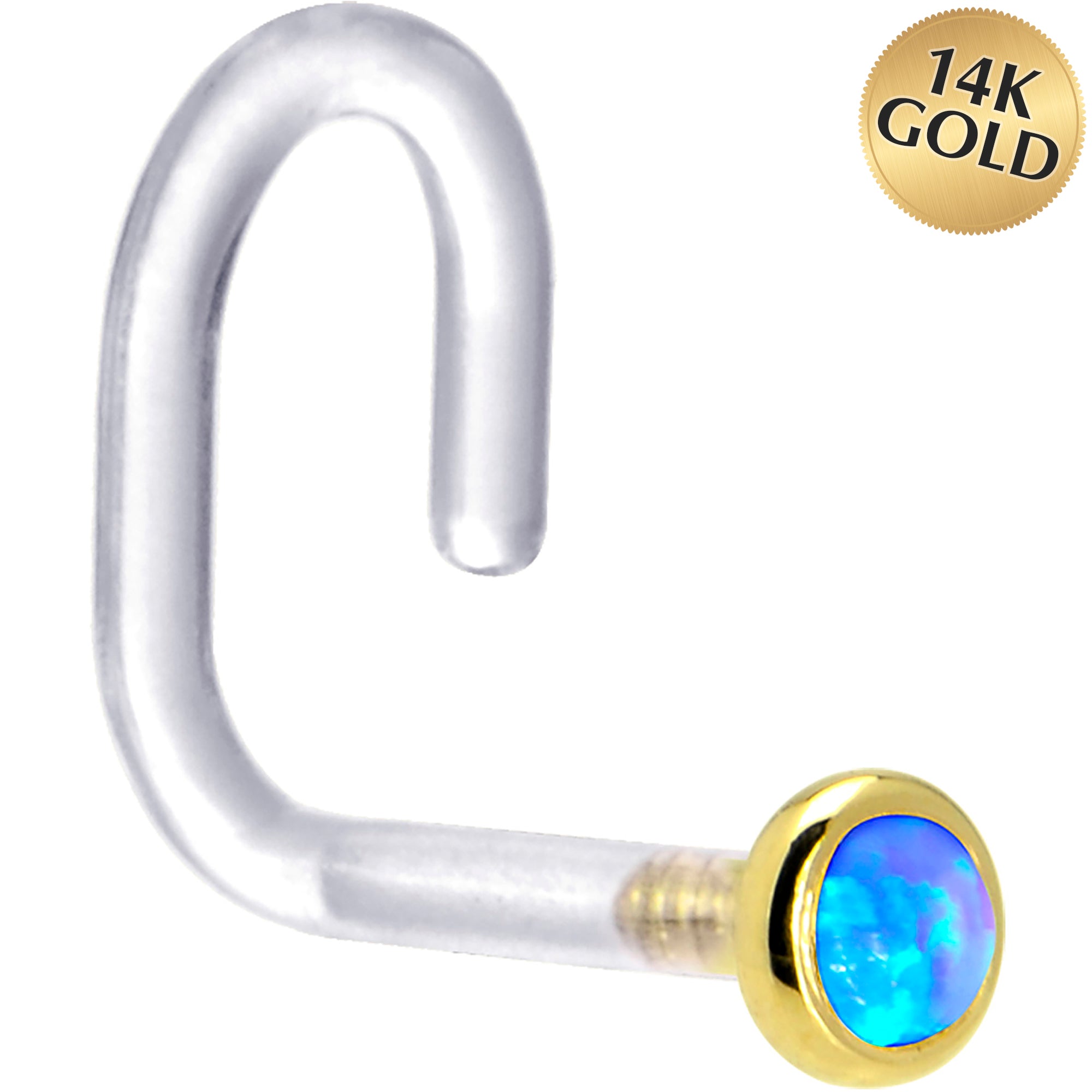 18G 1/4 Yellow Gold 2mm Blue Synthetic Opal Bioplast Nose Ring