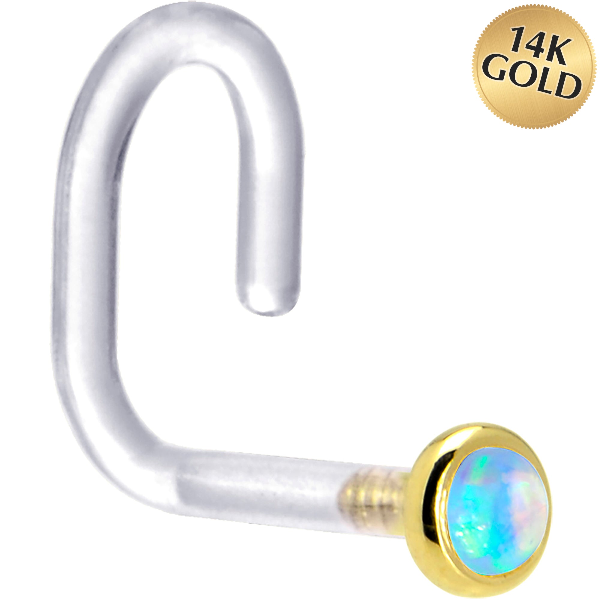 18 Gauge 1/4 Yellow Gold 2mm Light Blue Synthetic Opal Bioplast Nose Ring
