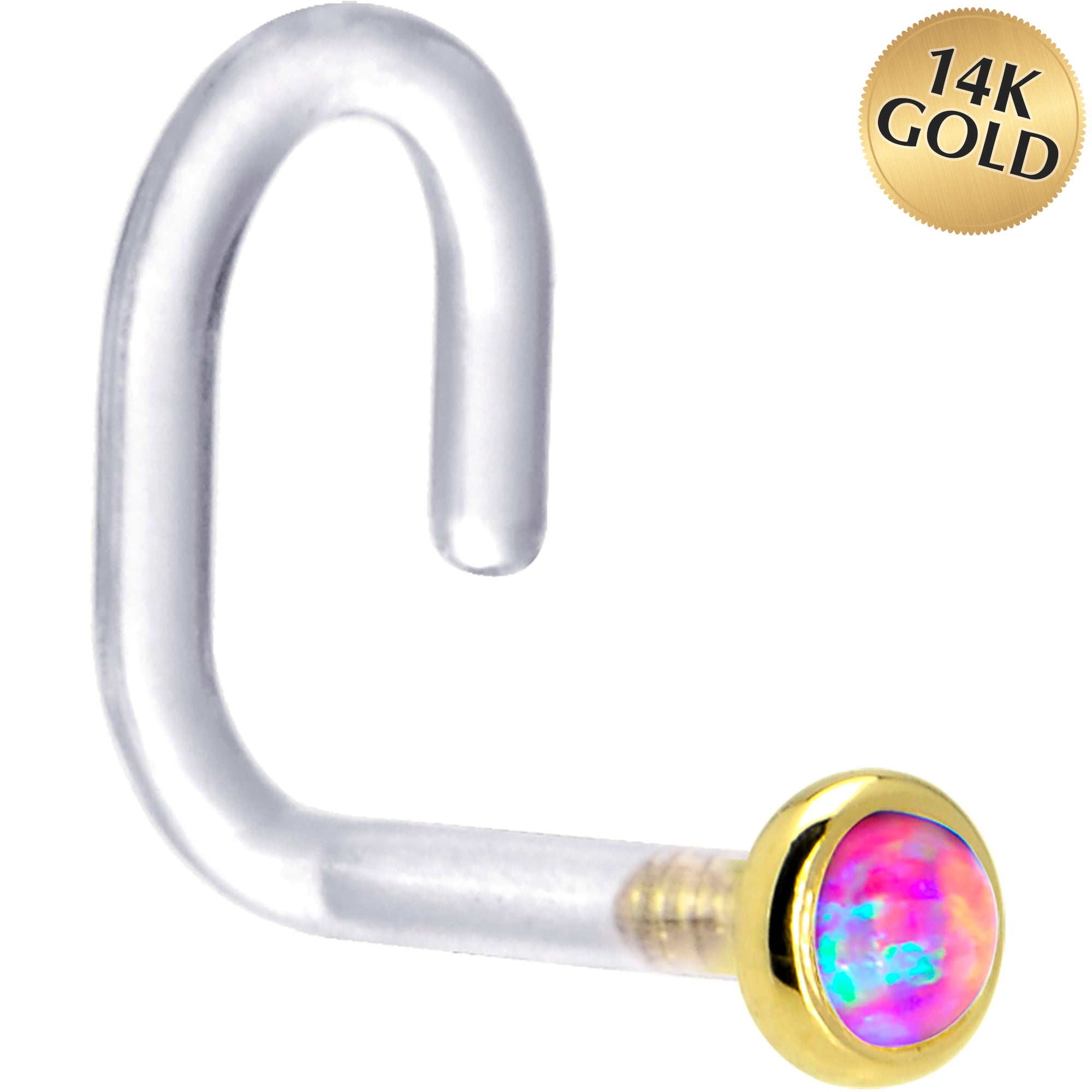 18G 1/4 Yellow Gold 2mm Purple Synthetic Opal Bioplast Nose Ring