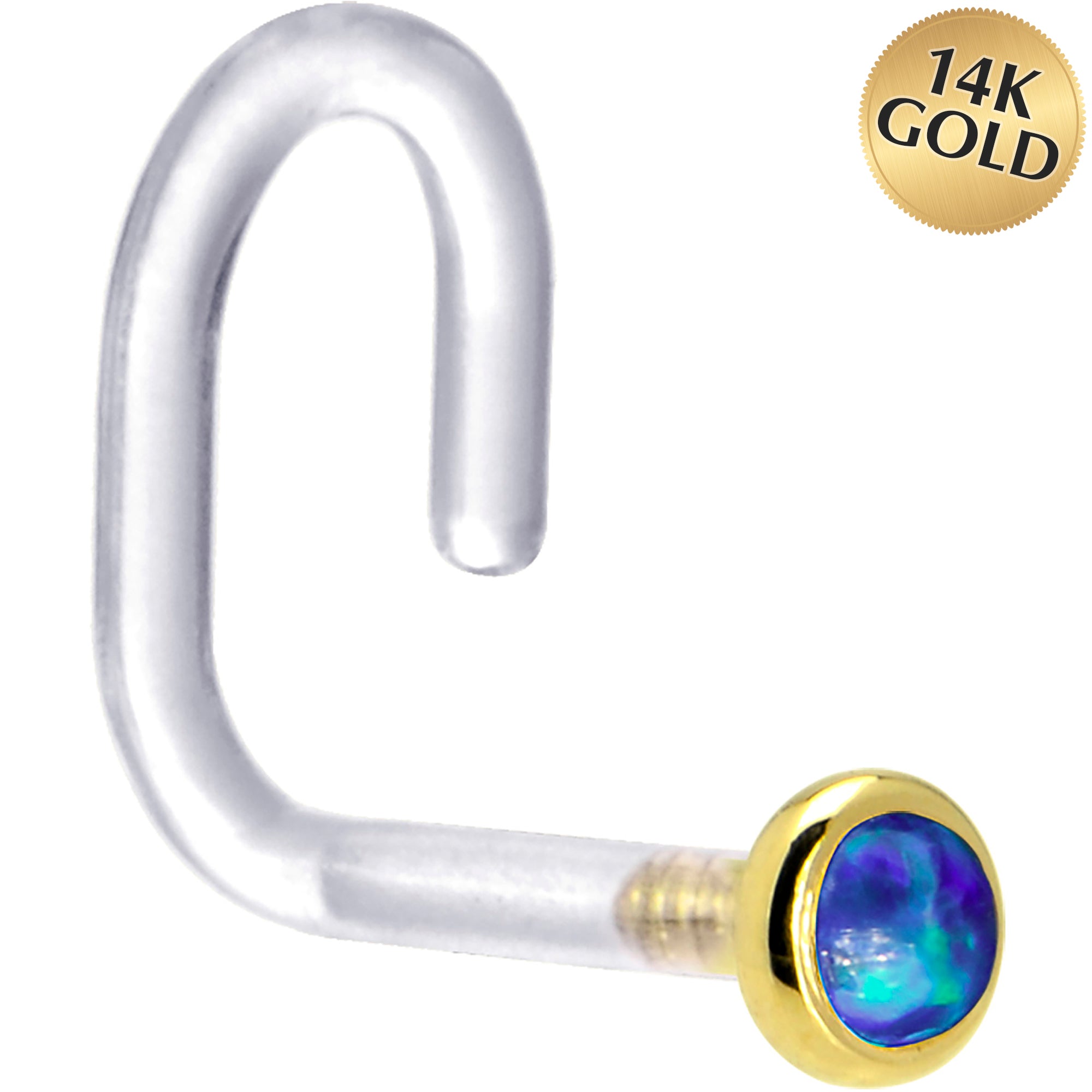 18 Gauge 1/4 Yellow Gold 2mm Dark Blue Synthetic Opal Bioplast Nose Ring