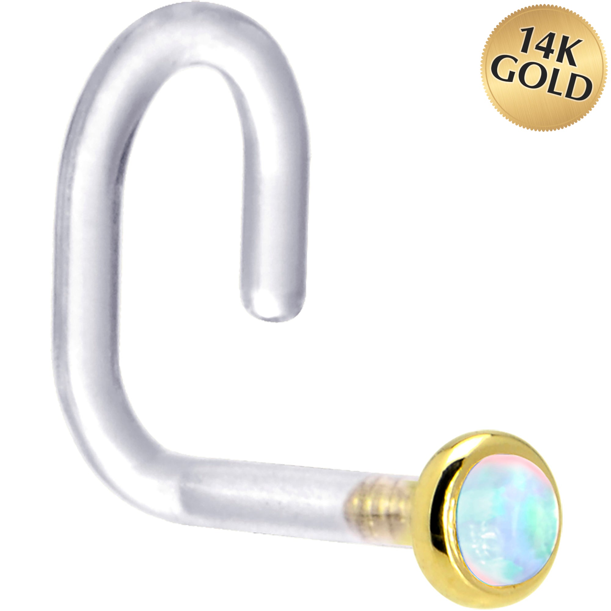 18G 1/4 Yellow Gold 2mm White Synthetic Opal Bioplast Nose Ring