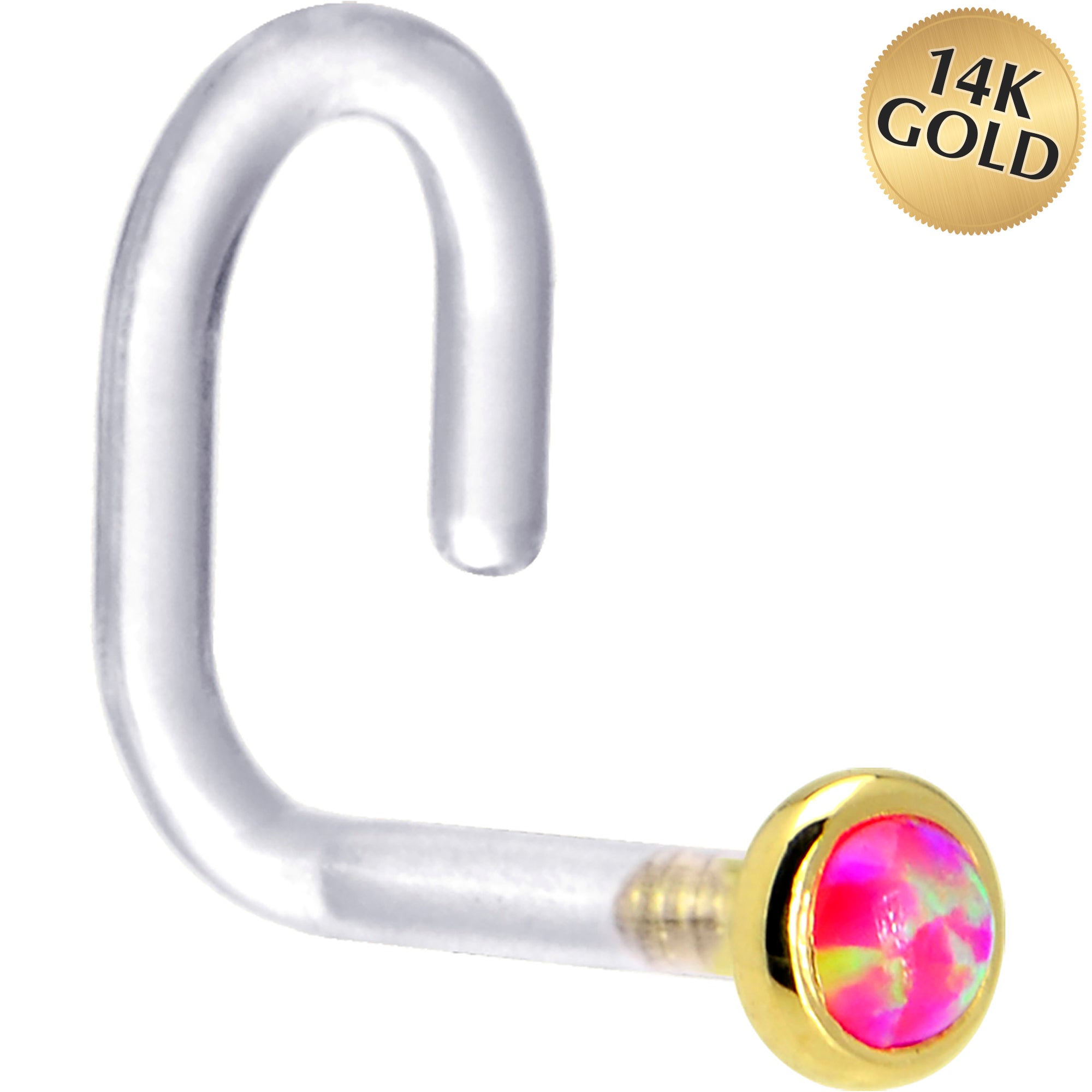 18 Gauge 1/4 Yellow Gold 2mm Brilliant Pink Synthetic Opal Bioplast Nose Ring