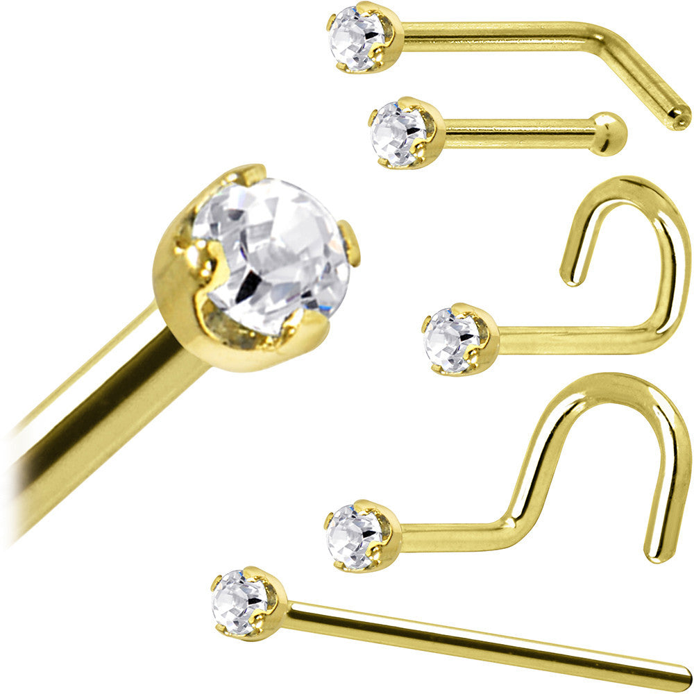 Solid 18KT Yellow Gold 1.5mm Genuine Diamond Nose Ring in 18 Gauge and 20 Gauge