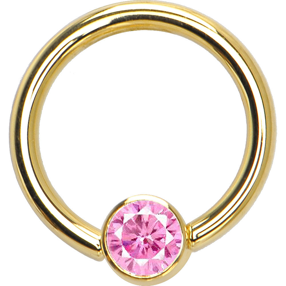 14 Gauge 3/8 Solid 14KT Gold Pink CZ Gem BCR Captive Ring