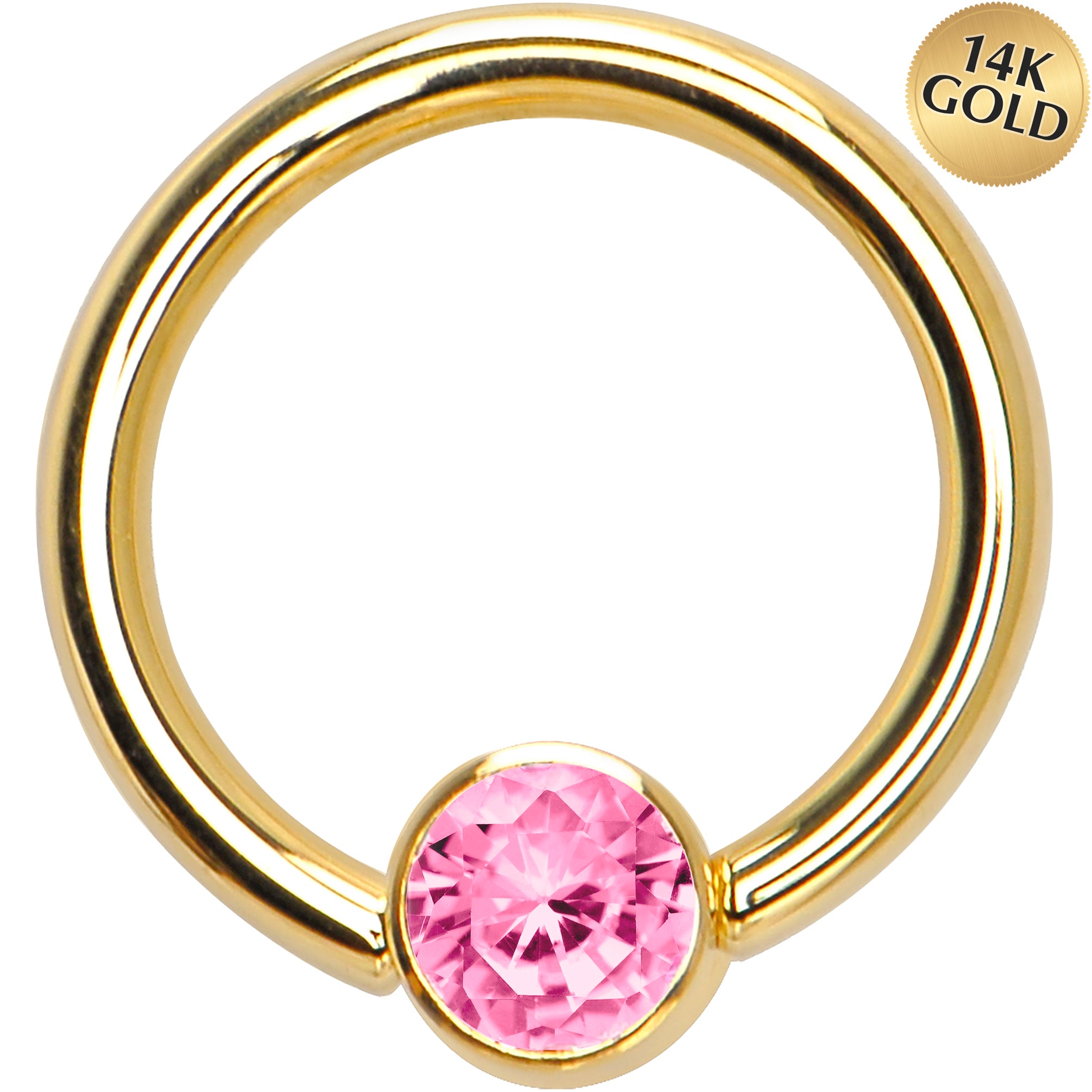 14 Gauge 3/8 Solid 14KT Gold Pink CZ Gem BCR Captive Ring