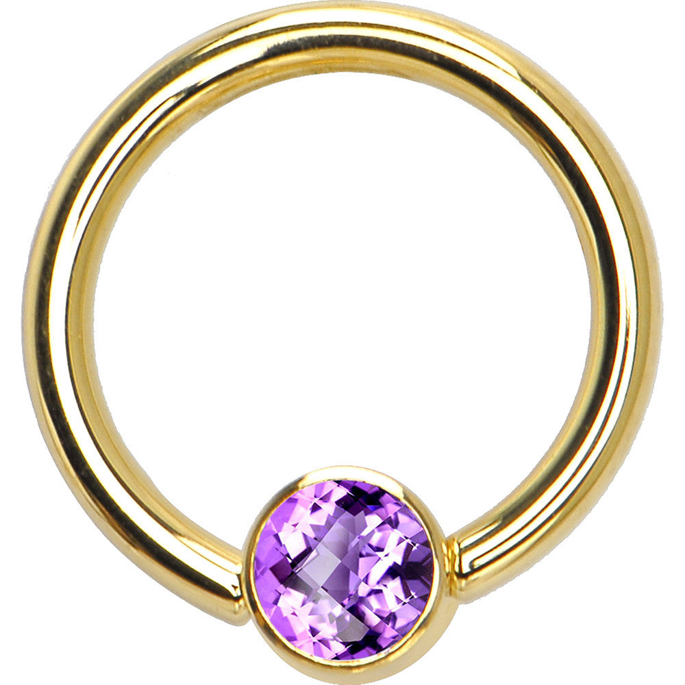 14 Gauge 3/8 Solid 14KT Gold Purple CZ Gem BCR Captive Ring