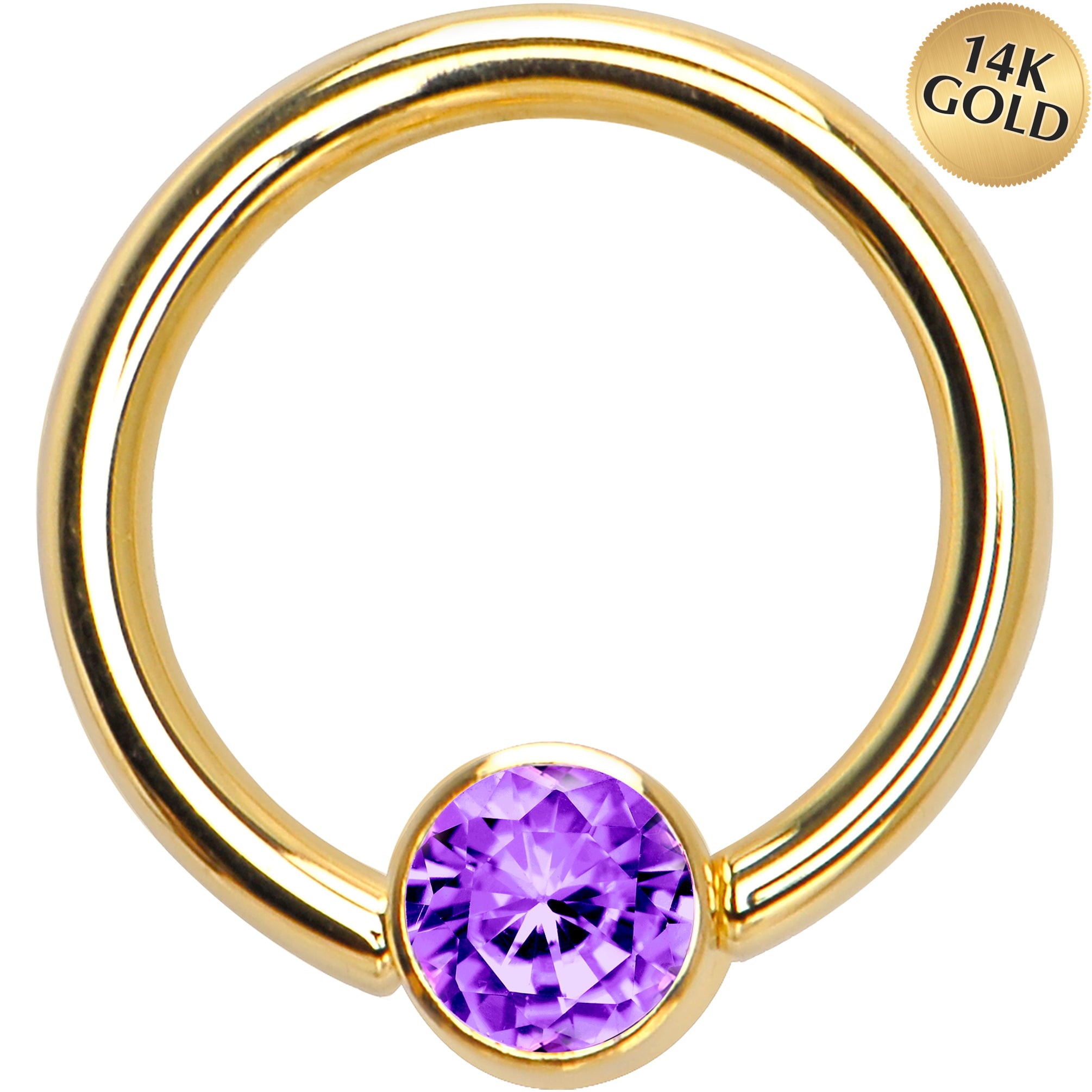 14 Gauge 3/8 Solid 14KT Gold Purple CZ Gem BCR Captive Ring