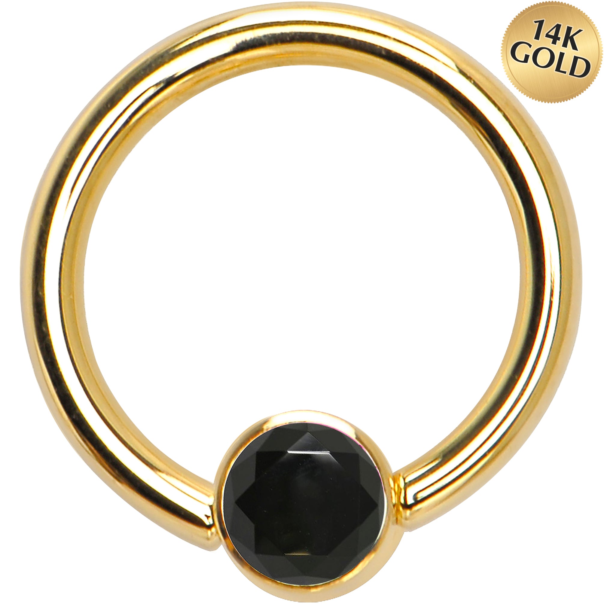 14 Gauge 3/8 Solid 14KT Gold Black CZ Gem BCR Captive Ring