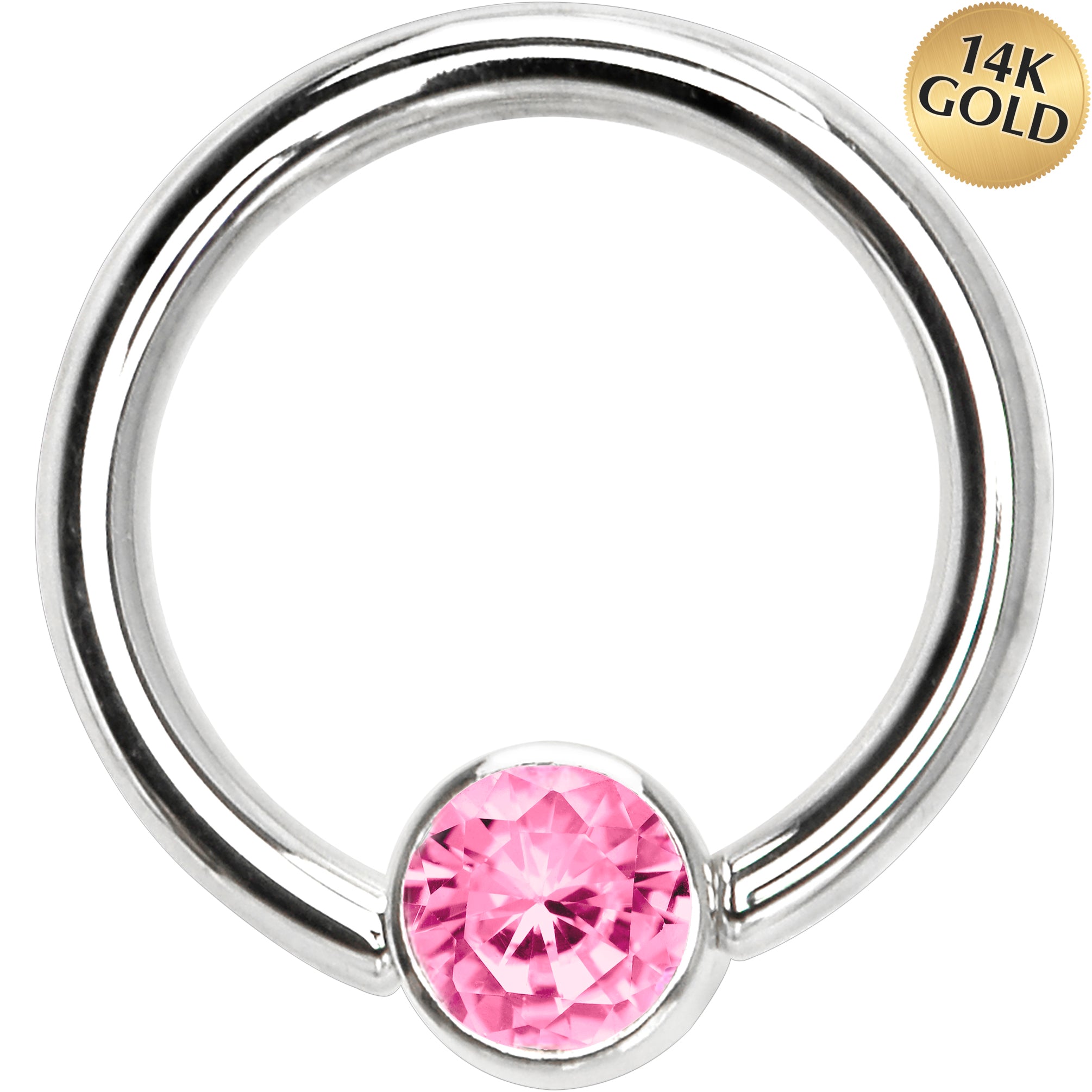 14 Gauge 3/8 Solid 14KT White Gold Pink CZ Gem Captive Ring