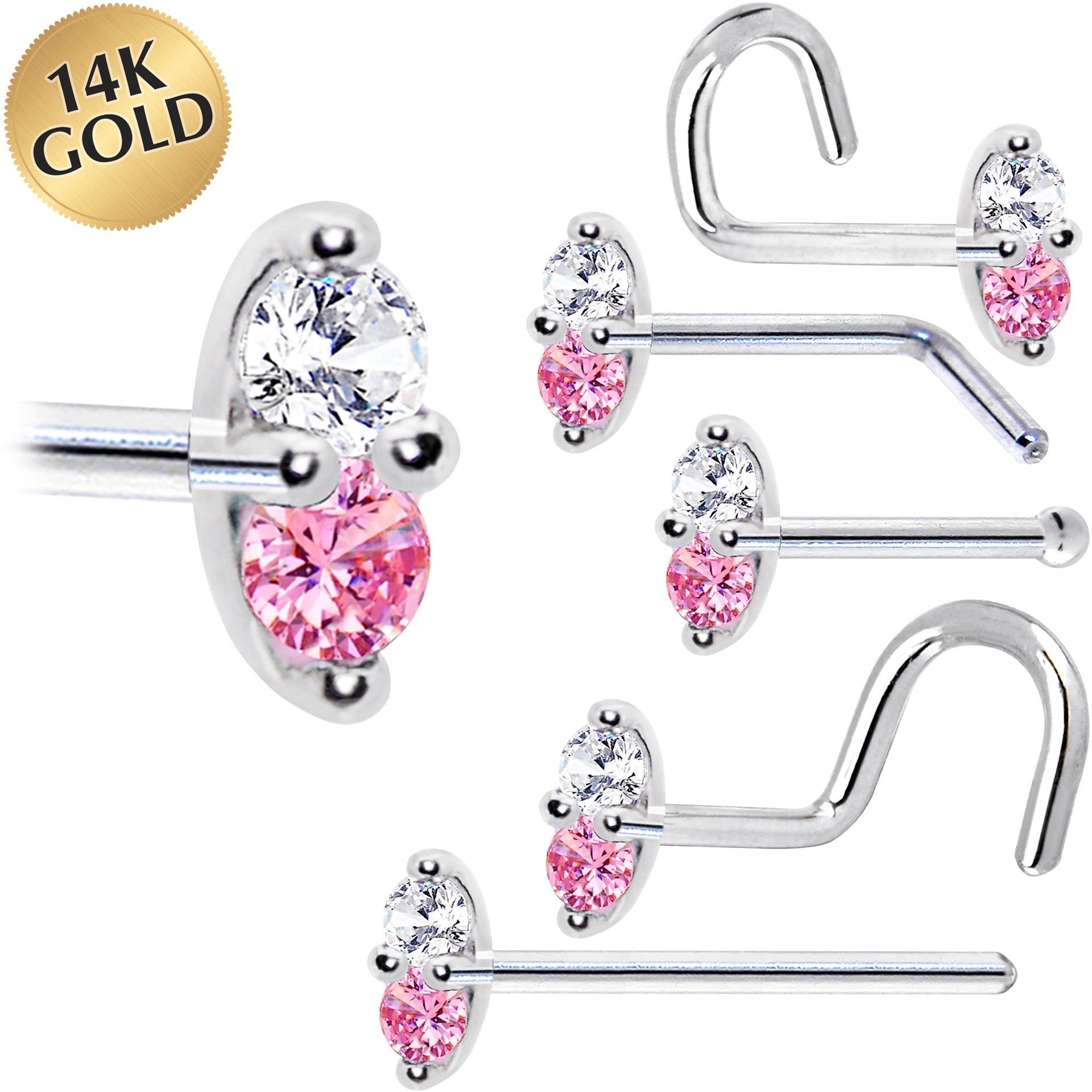 14kt White Gold Pink CZ Marquise Nose Ring 18 Gauge