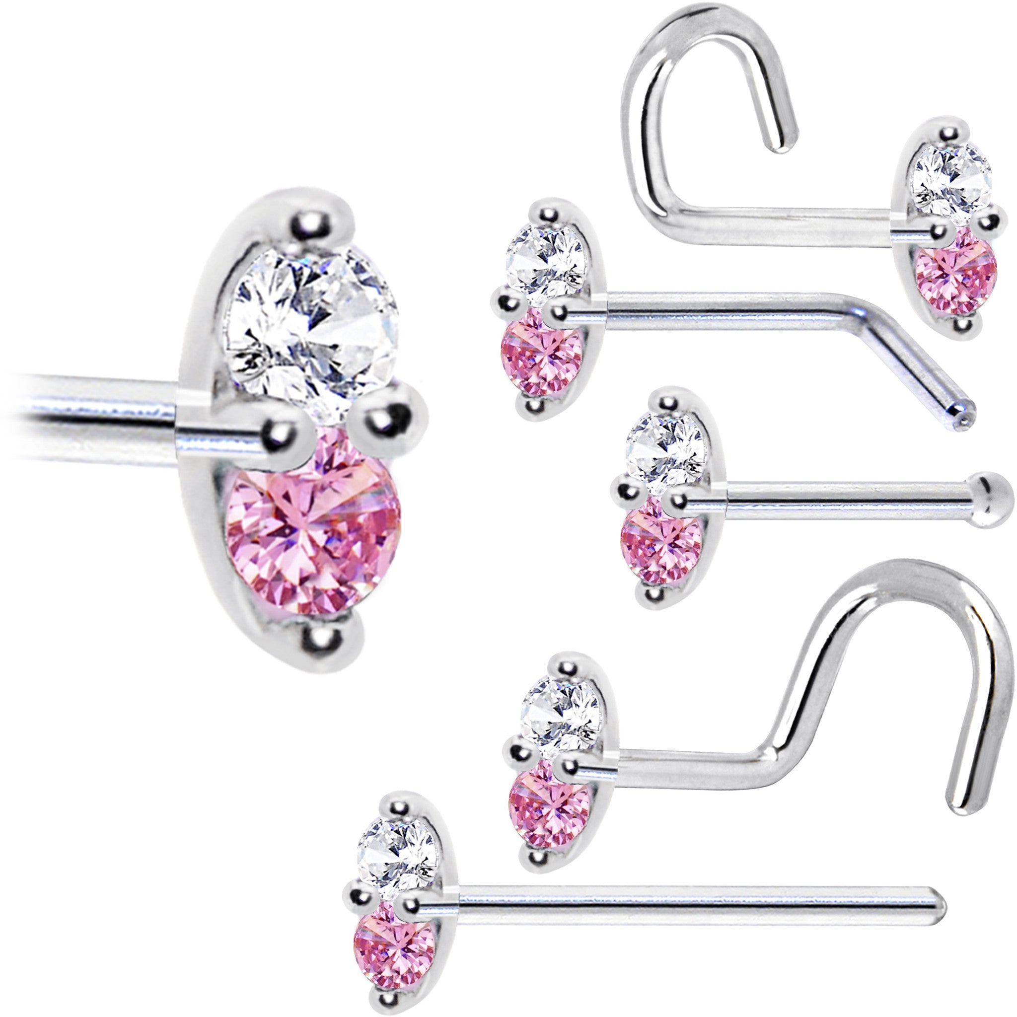 14kt White Gold Fishtail Nose Ring with Pink CZ