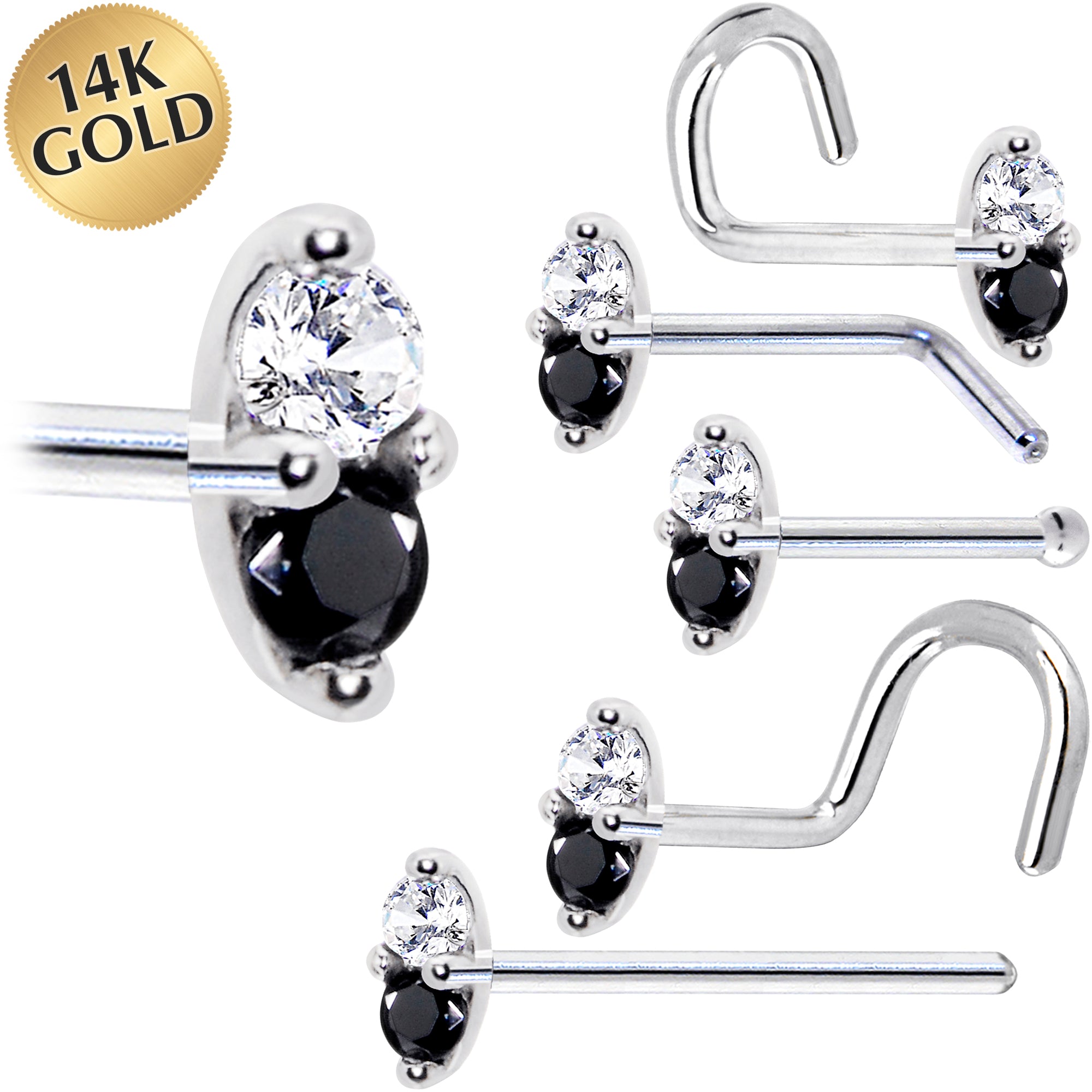 14kt White Gold Black CZ Marquise Nose Ring 1.5mm