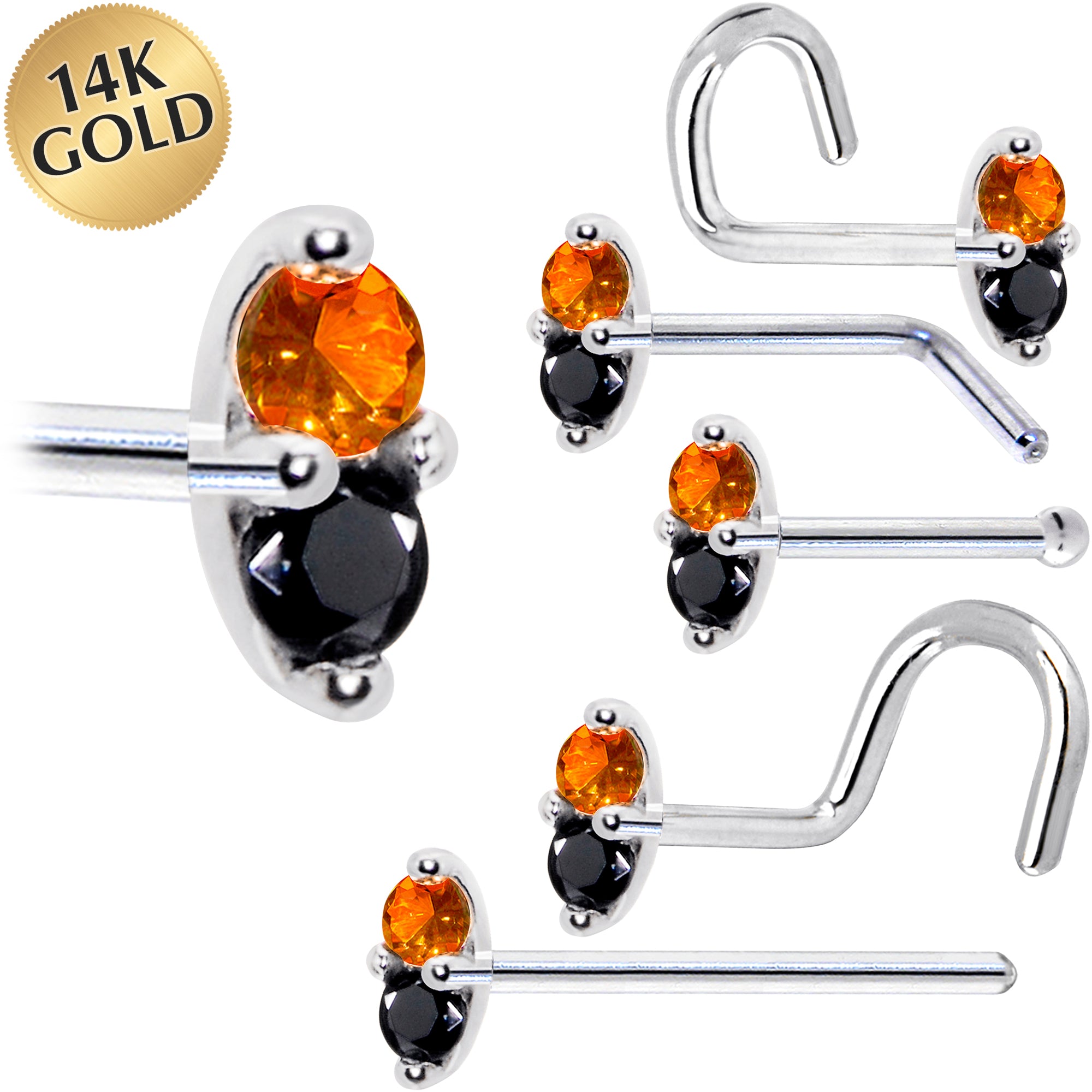 14kt White Gold Black Orange CZ Marquise Nose Ring 18 Gauge