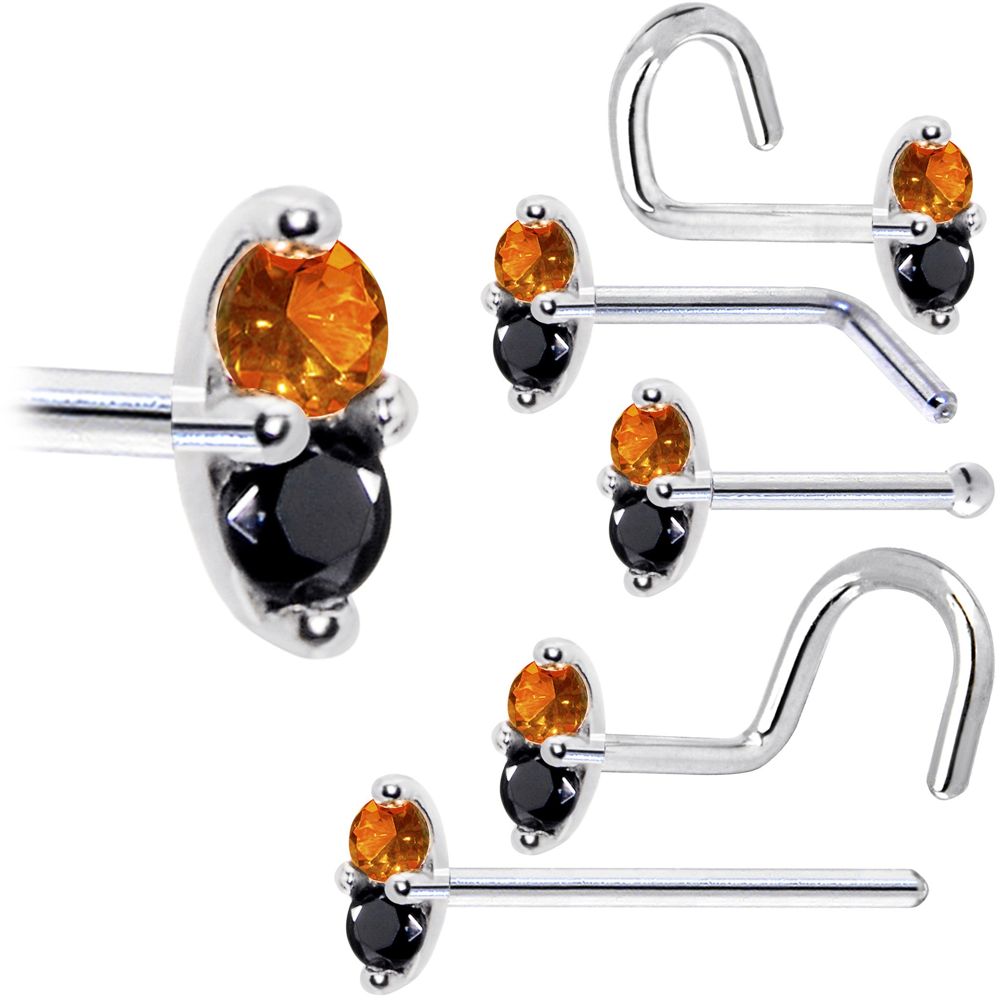 14kt White Gold L-Shape Marquise Nose Ring Black Orange CZ