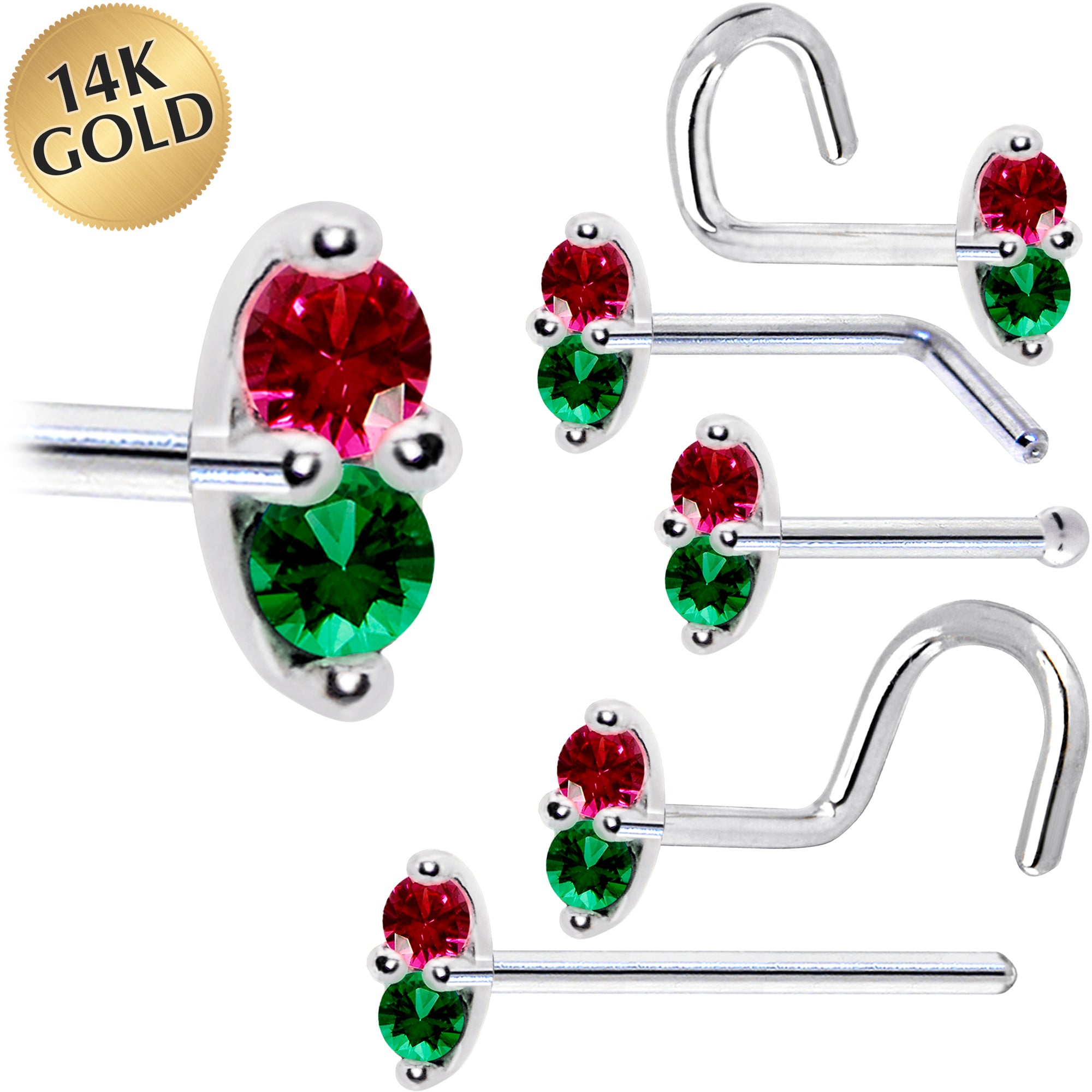 14kt white gold red green marquise CZ nose ring 18 gauge
