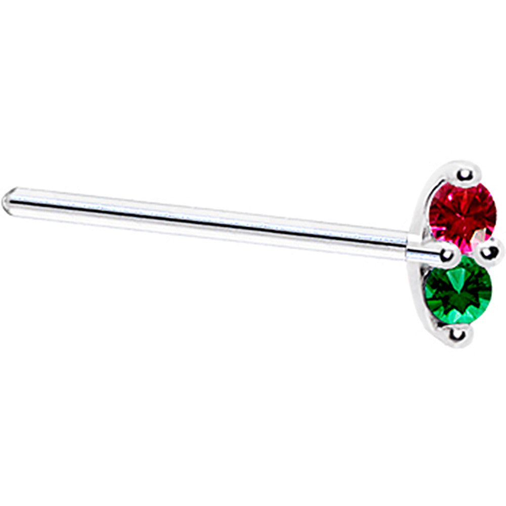L-shape nose ring with 1.5mm red green CZ in white gold