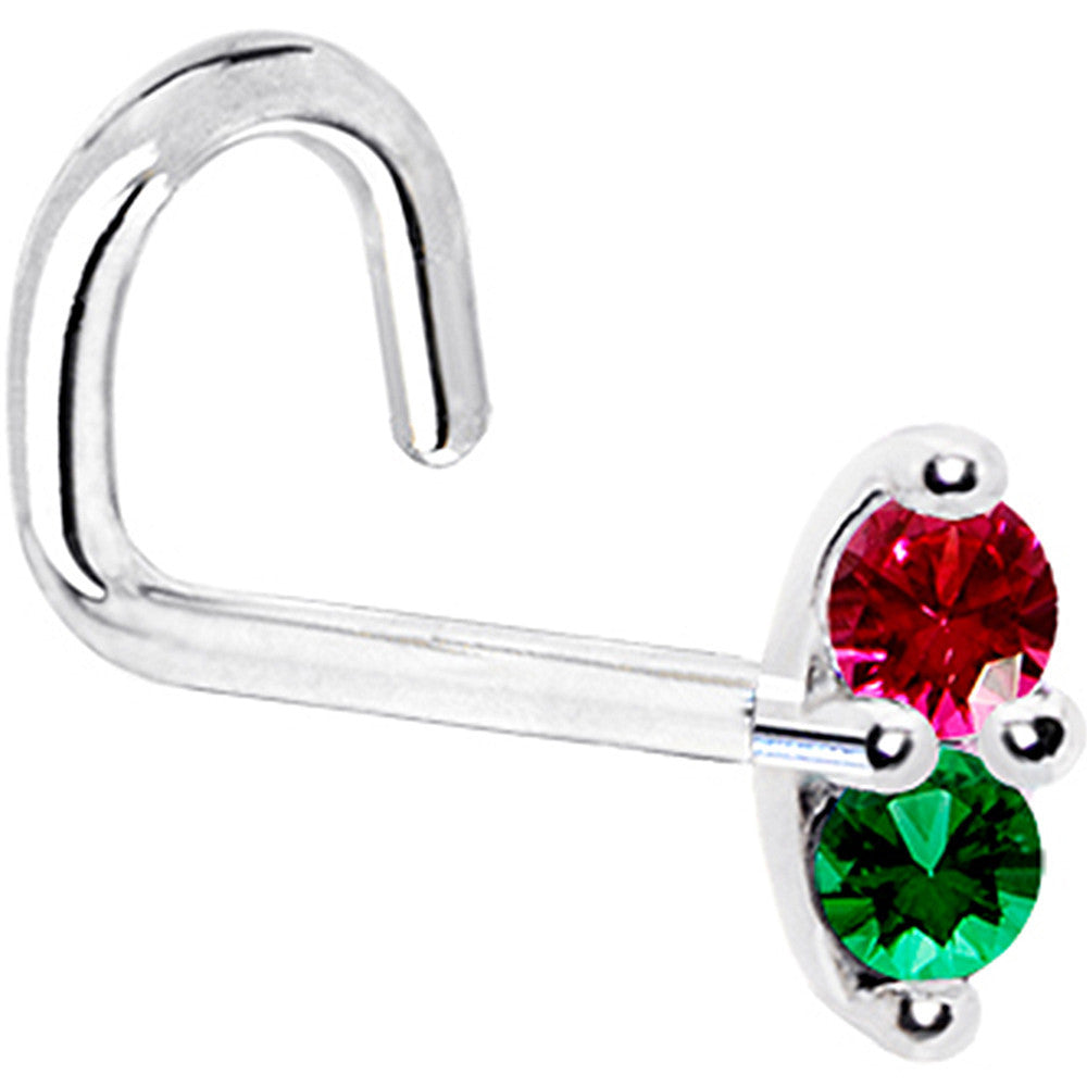 14kt White Gold Red Green 1.5mm CZ Marquise Nose Ring