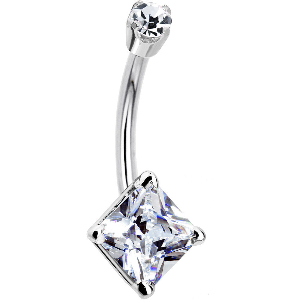 14kt White Gold Clear Cubic Zirconia Princess Belly Ring