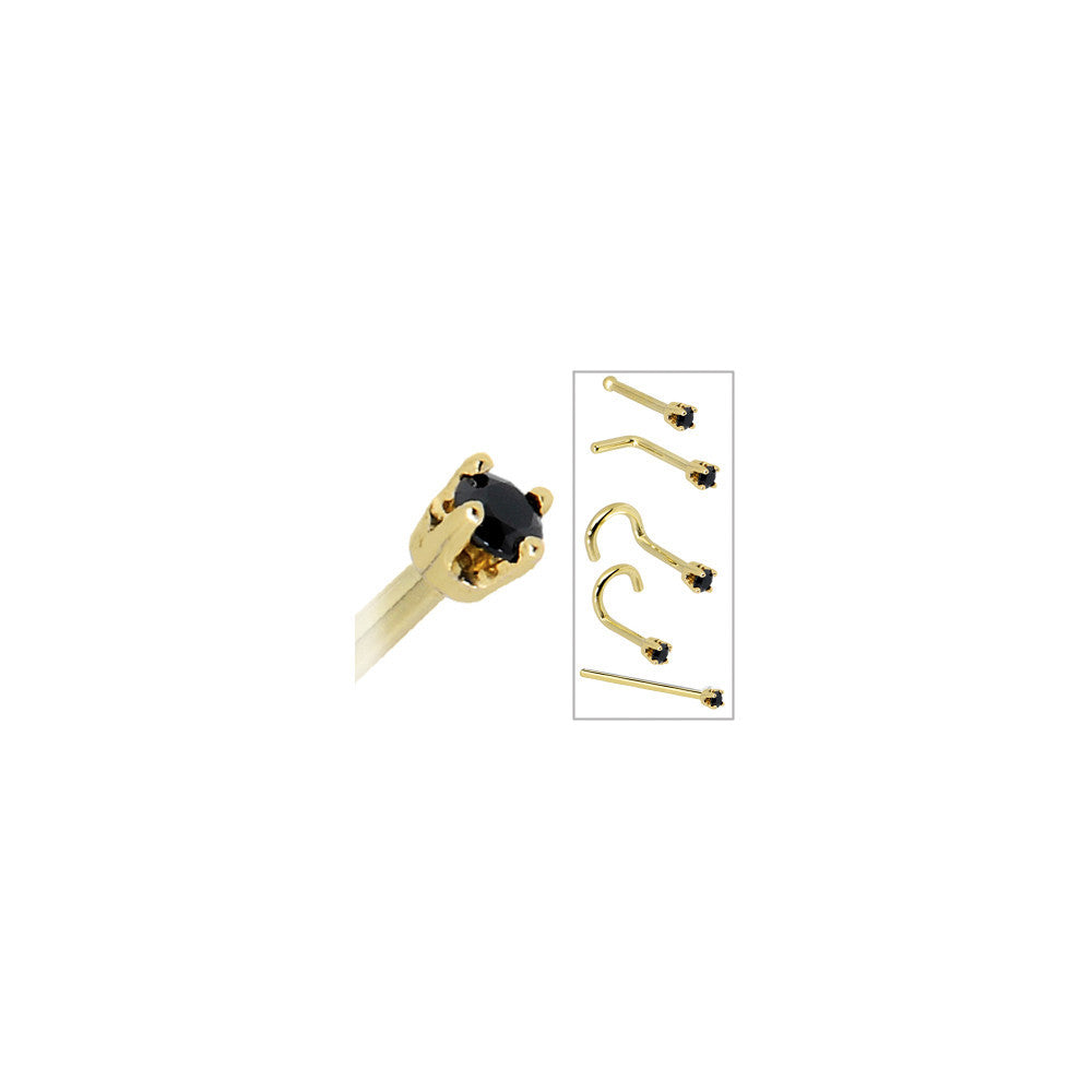 Solid 14KT Yellow Gold 2mm Black Cubic Zirconia Nose Ring