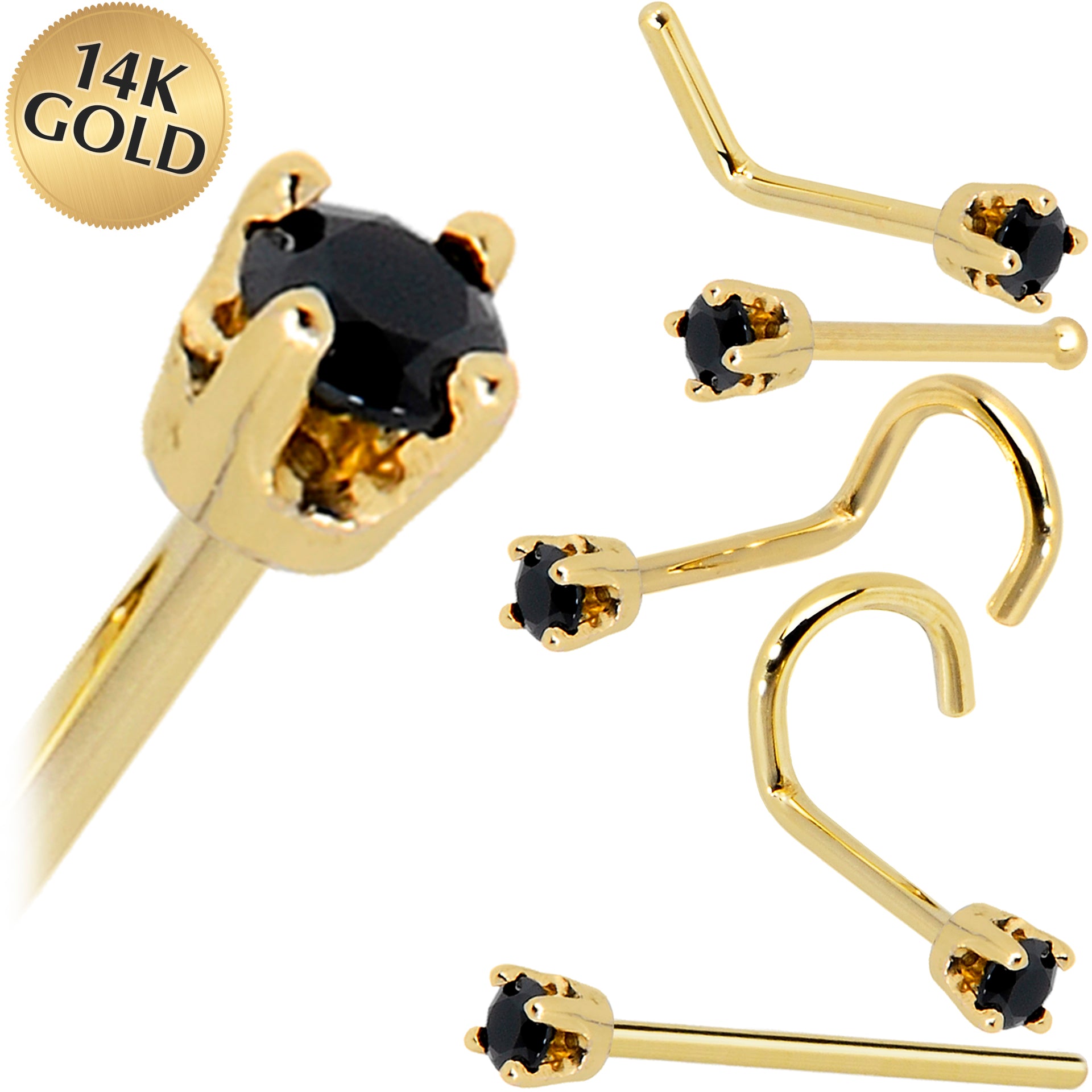 14KT Yellow Gold 2mm Black CZ Nose Ring Nose Bone