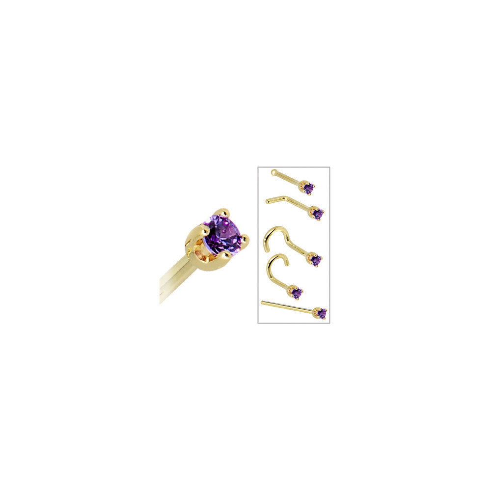 Solid 14KT Yellow Gold 2mm Amethyst Cubic Zirconia Nose Ring