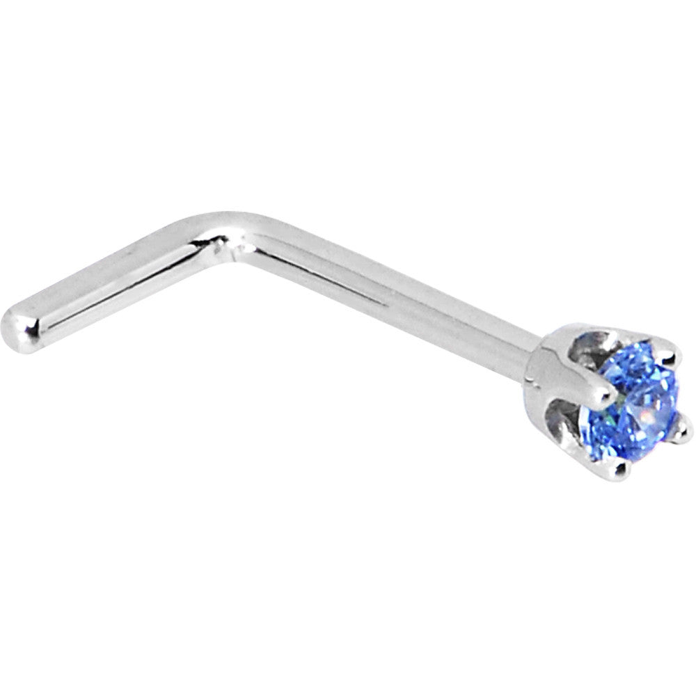 Solid 14KT White Gold 2mm Arctic Blue CZ L-shape nose ring 18 gauge