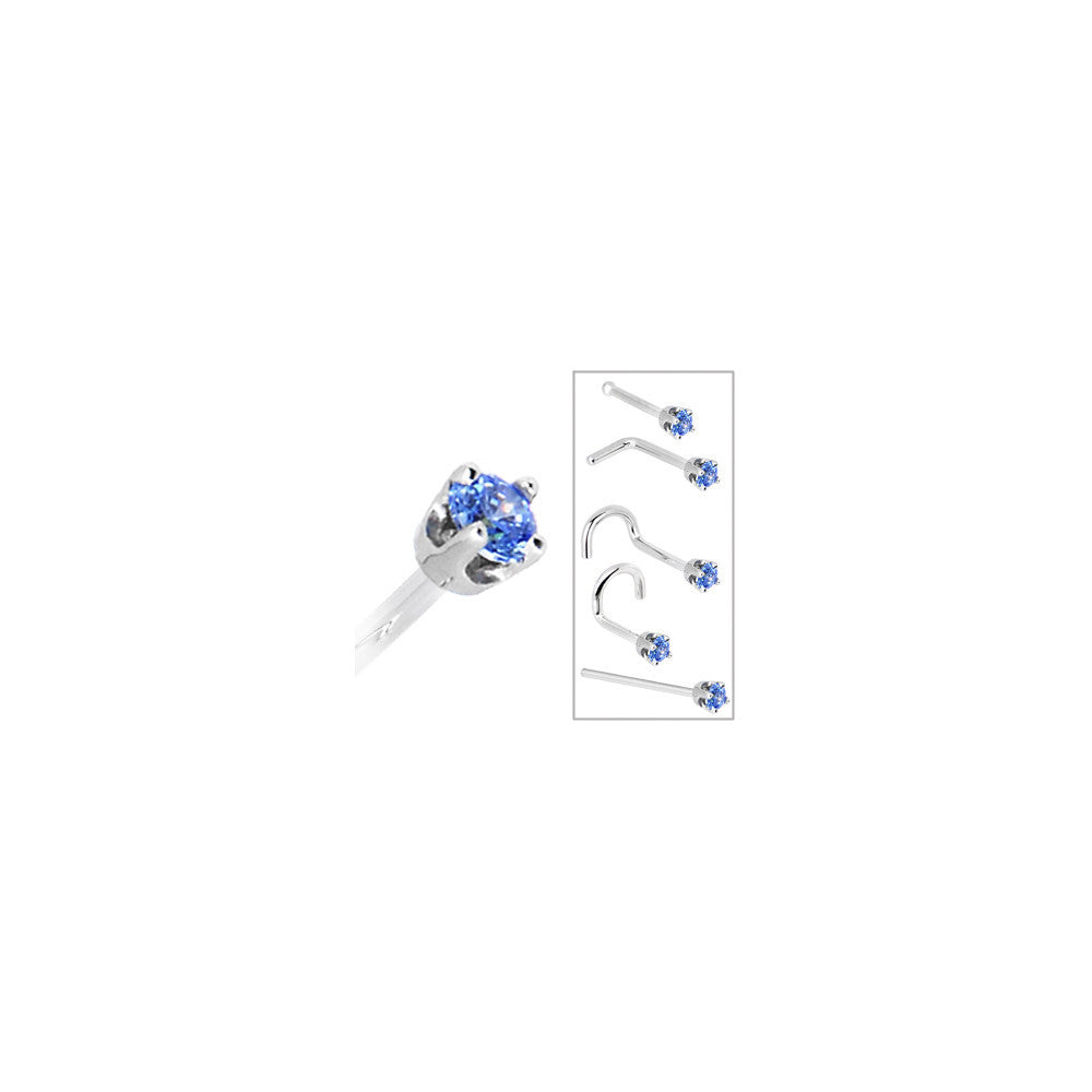 Arctic Blue 2mm CZ Nose Ring in Solid 14KT White Gold L-shape 18 gauge