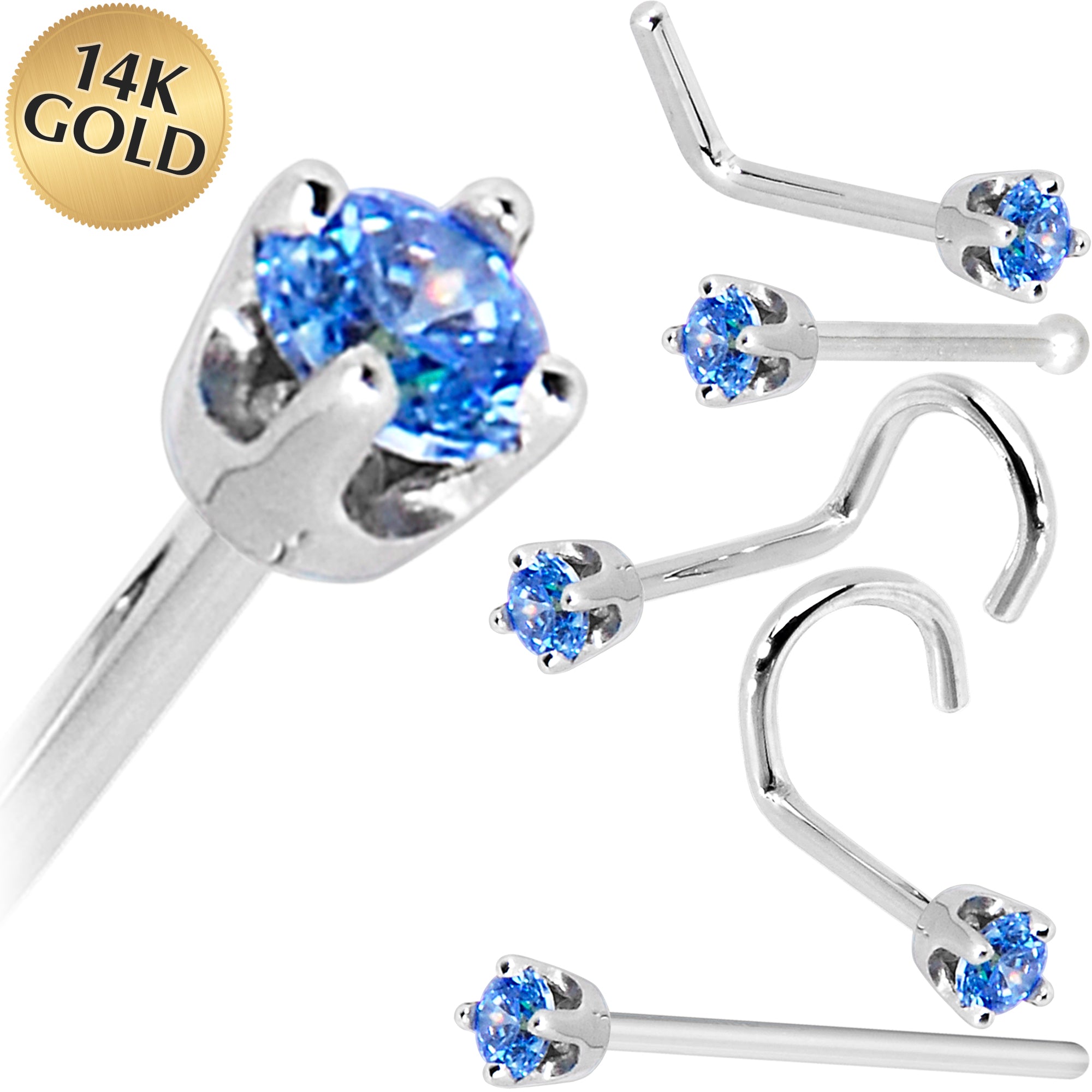 Solid 14KT White Gold 2mm Arctic Blue Cubic Zirconia Nose Ring 18 gauge nose bone