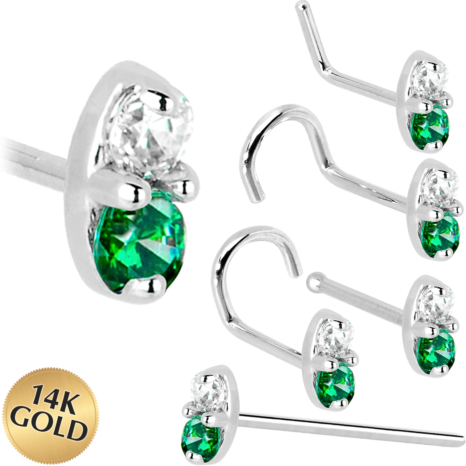 14kt White Gold Green CZ Marquise Nose Ring 1.5mm