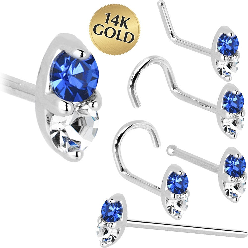 14kt White Gold 1.5mm Blue Sapphire Diamond Marquise Nose Ring Nose Bone