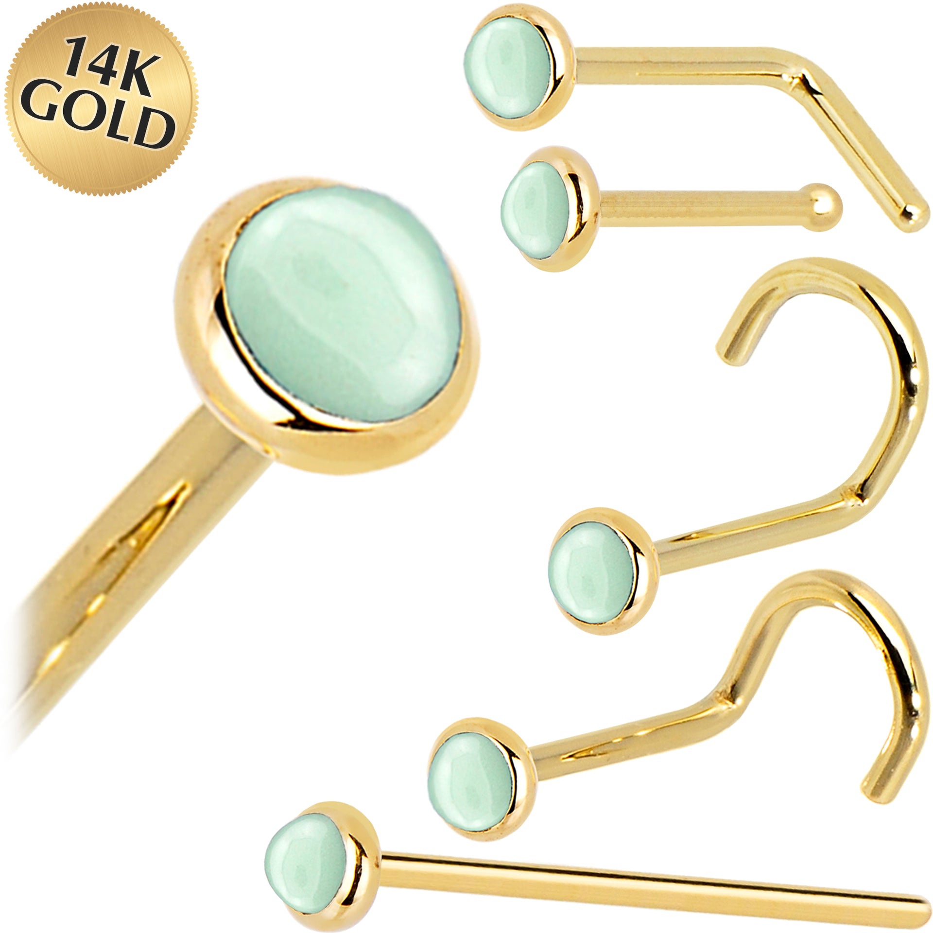 Solid 14KT Yellow Gold 2mm Aventurine Quartz Nose Ring 18 Gauge