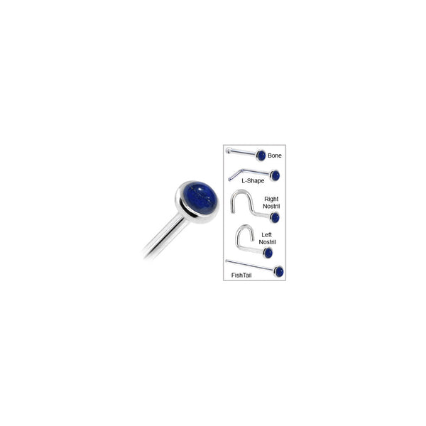 Solid 14KT White Gold 2mm Lapis Lazuli Straight Nose Ring