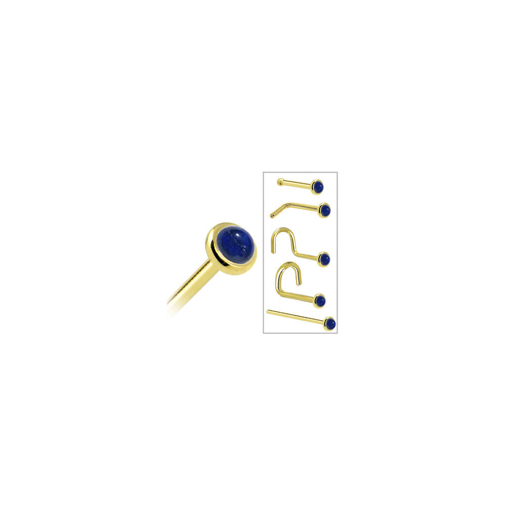 Solid 14KT Yellow Gold 2mm Lapis Lazuli Straight Nose Ring