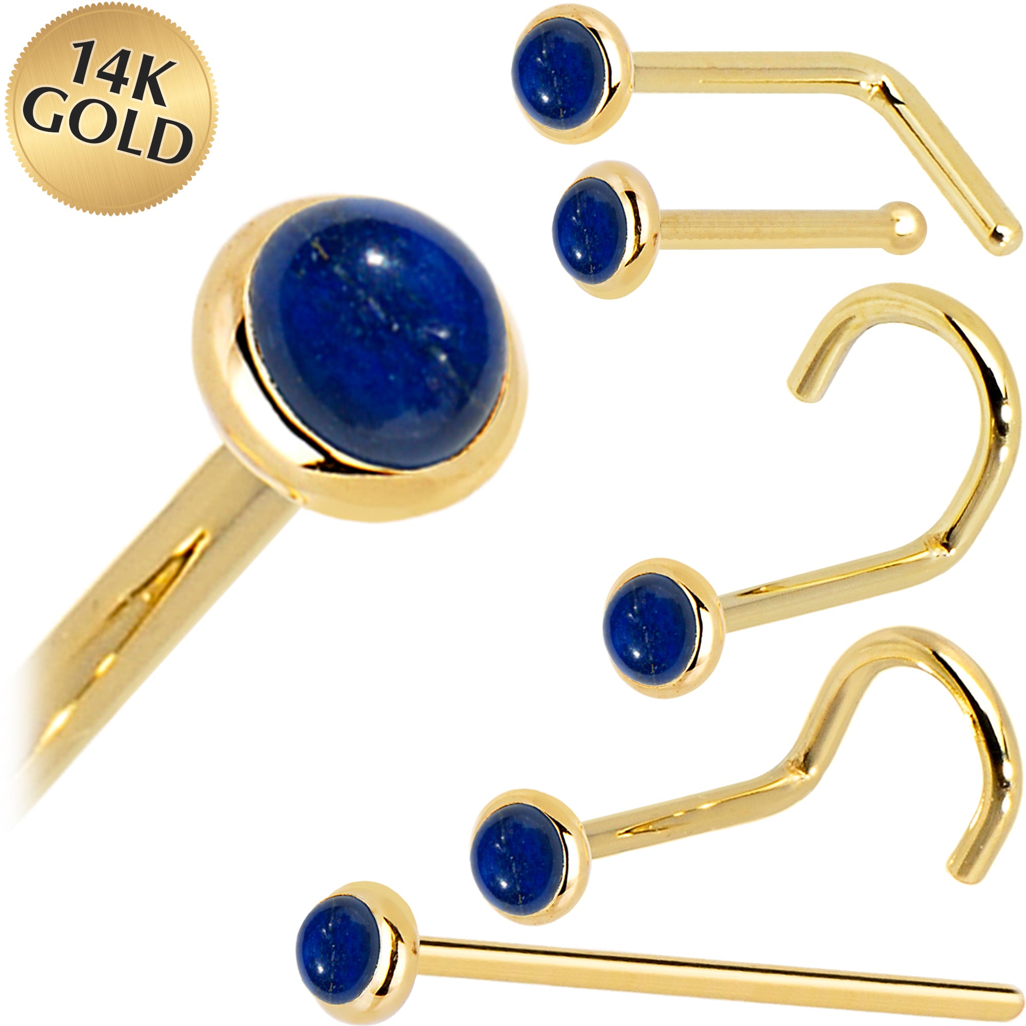 Solid 14KT Yellow Gold 2mm Lapis Lazuli Nose Bone 18 Gauge