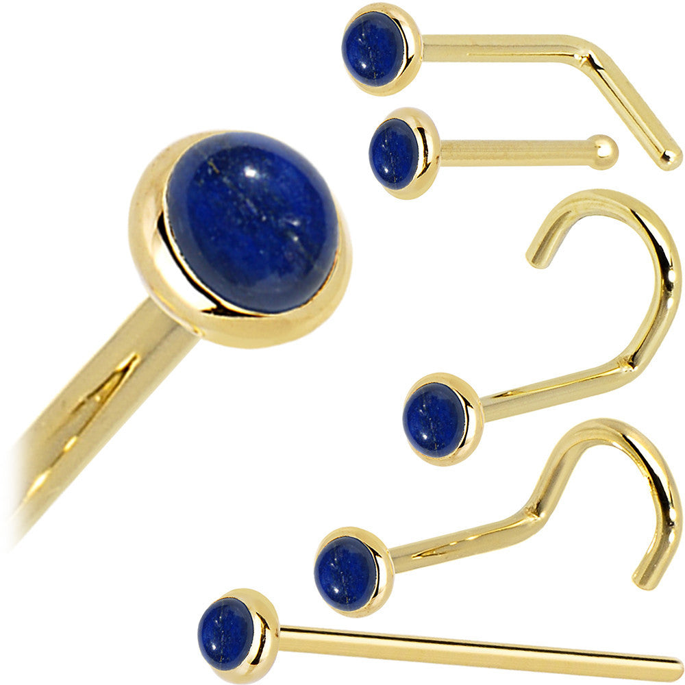 Solid 14K Yellow Gold 2mm Lapis Lazuli Straight Nose Ring