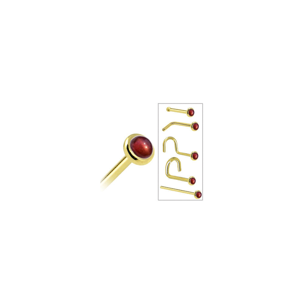 Solid 14KT Yellow Gold 2mm Red Garnet Nose Ring