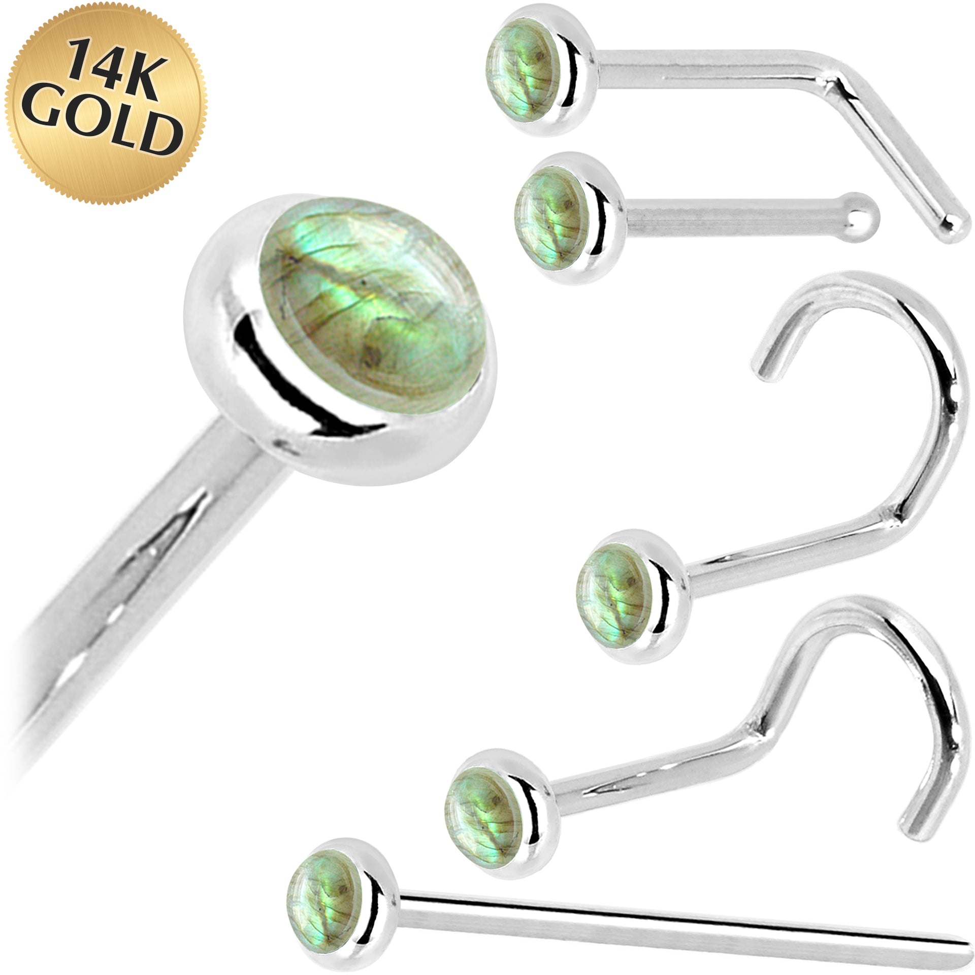 Solid 14KT White Gold 2mm Labradorite Nose Ring 18 Gauge