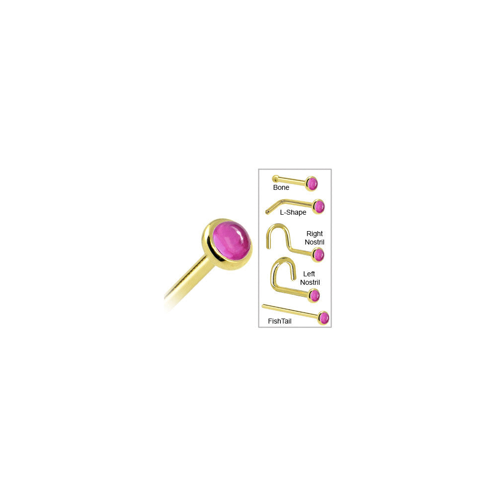 Solid 14KT Yellow Gold 2mm Pink Tourmaline Nose Ring