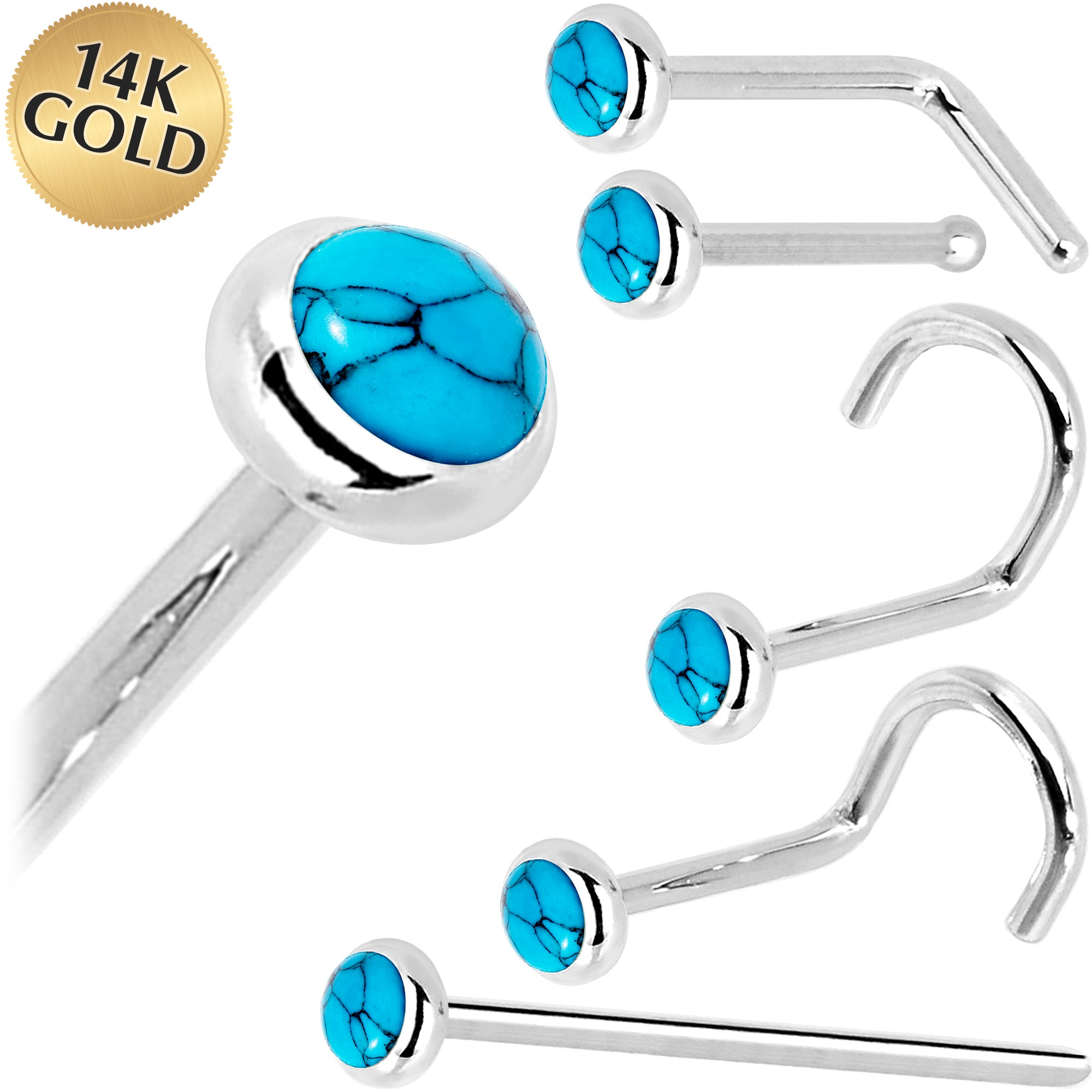 Solid 14KT White Gold 2mm Turquoise Nose Ring