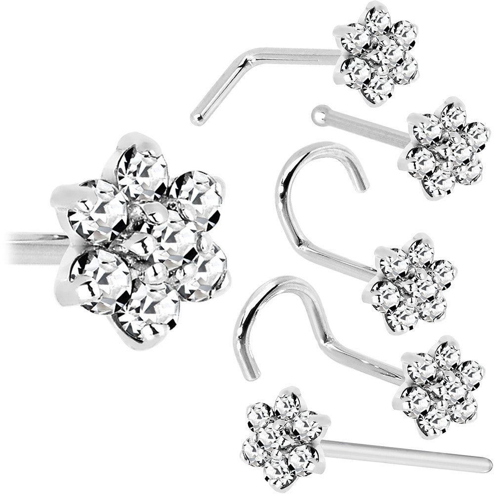 Solid 14KT White Gold Clear Cubic Zirconia Flower Nose Ring