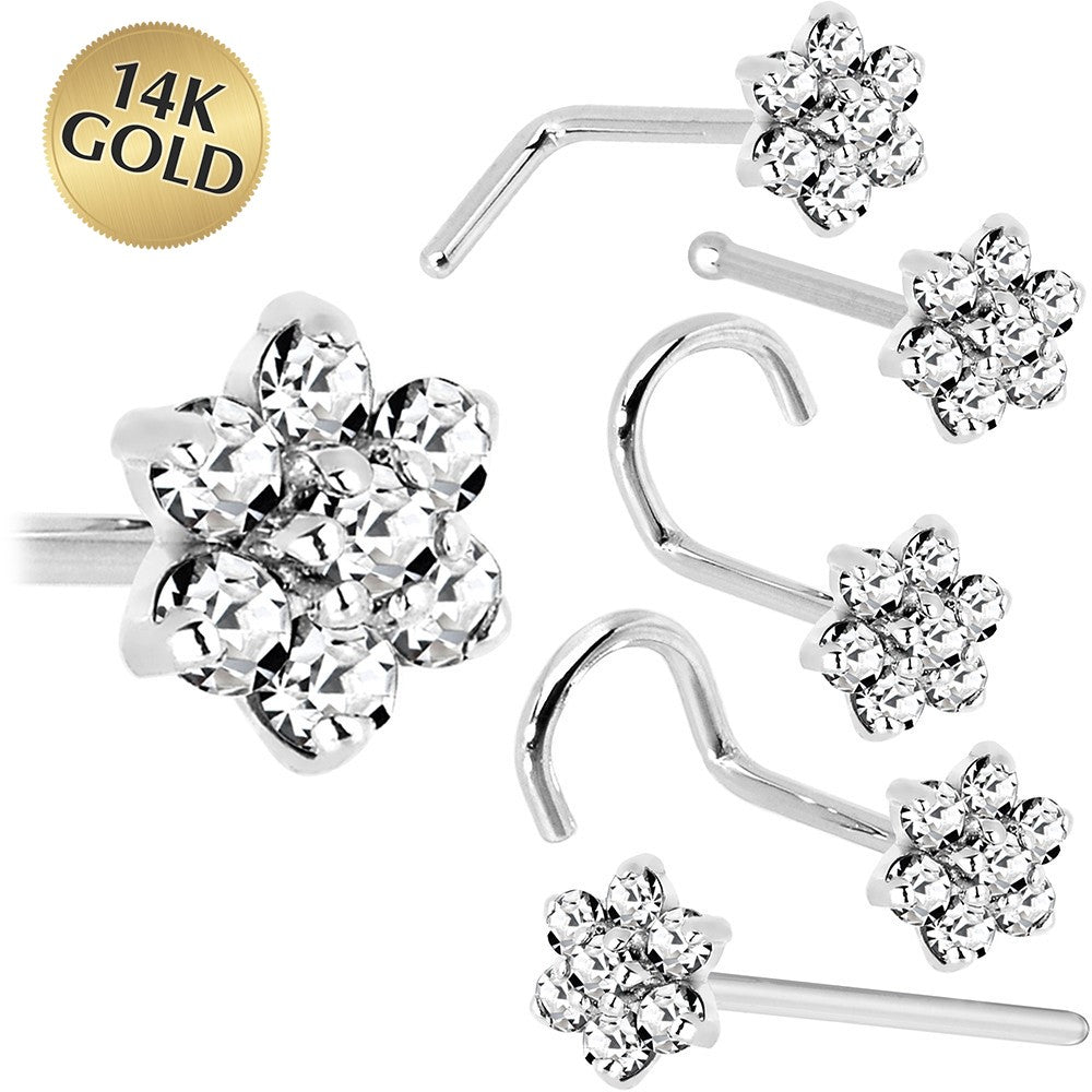 Solid 14KT White Gold Clear Cubic Zirconia Flower Nose Ring 18 Gauge