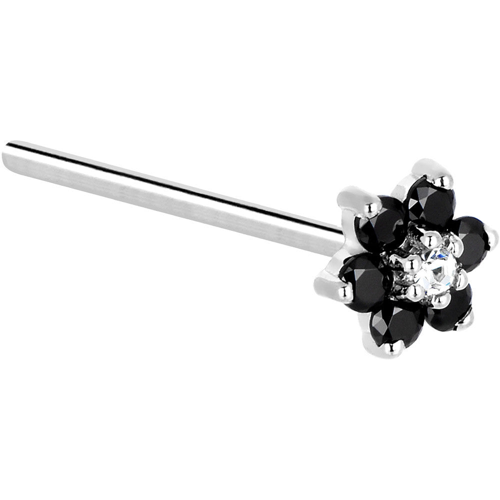 Solid 14KT White Gold Black and Clear Cubic Zirconia Flower Nose Ring